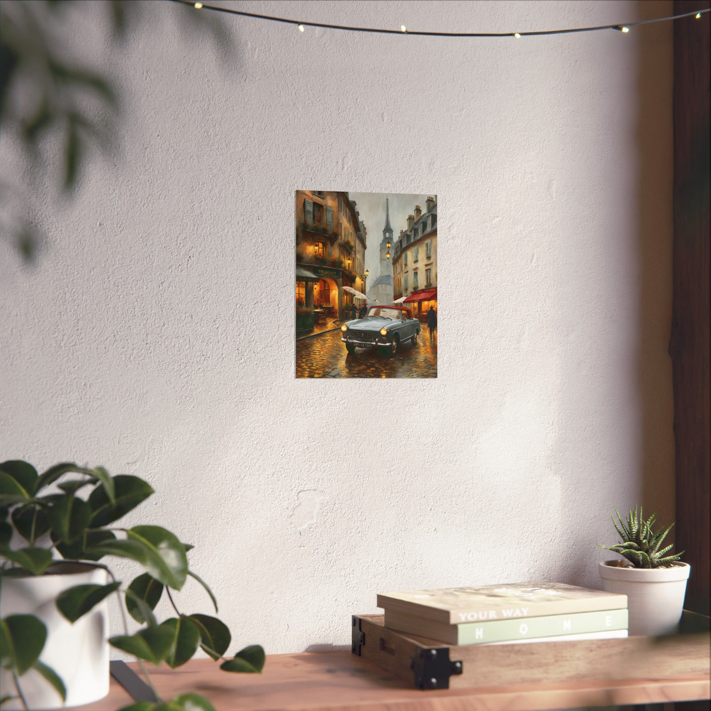 Vintage car art travel gift poster depicting a street scene with lights and reflections