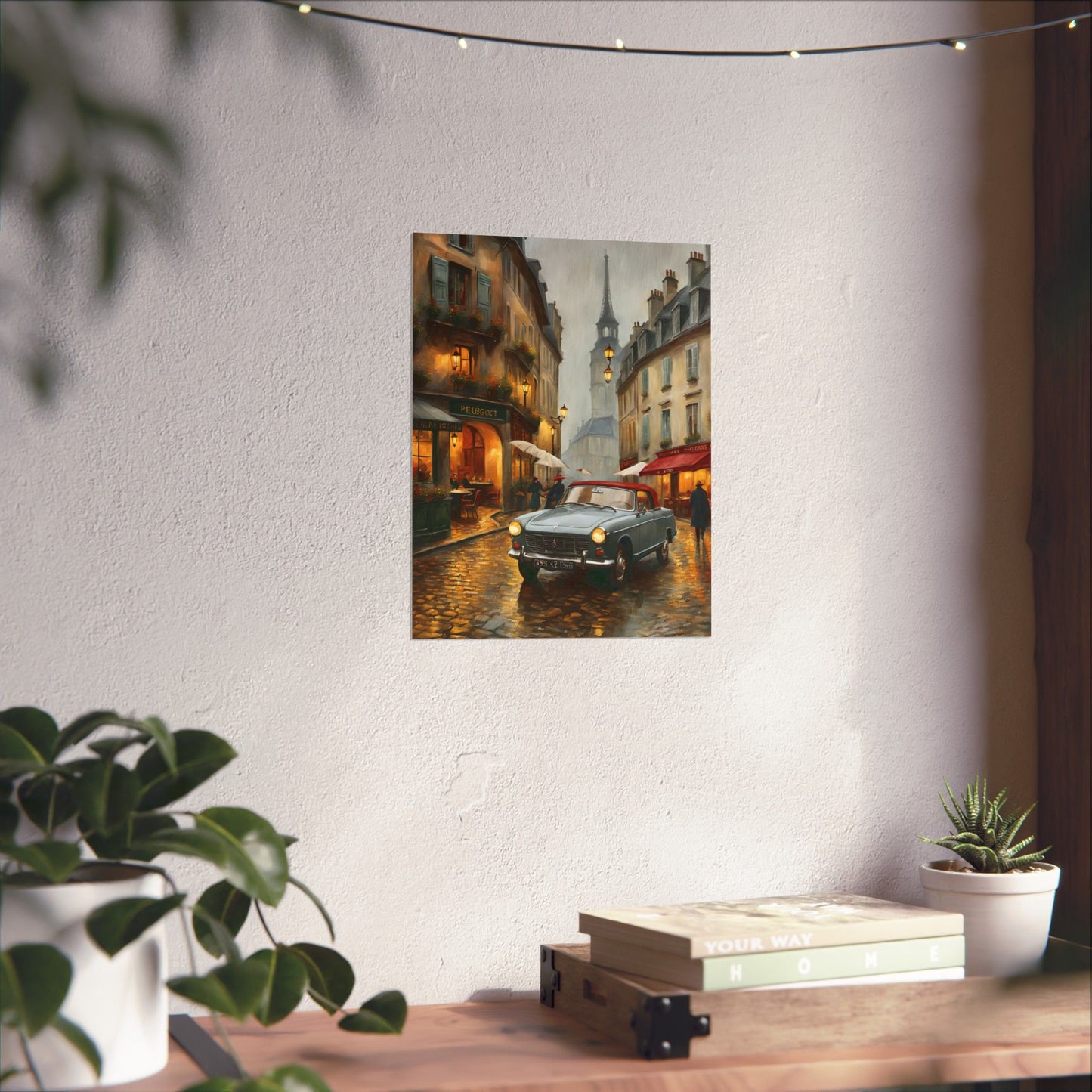 Vintage car art poster featuring a rainy street scene, perfect as a travel gift