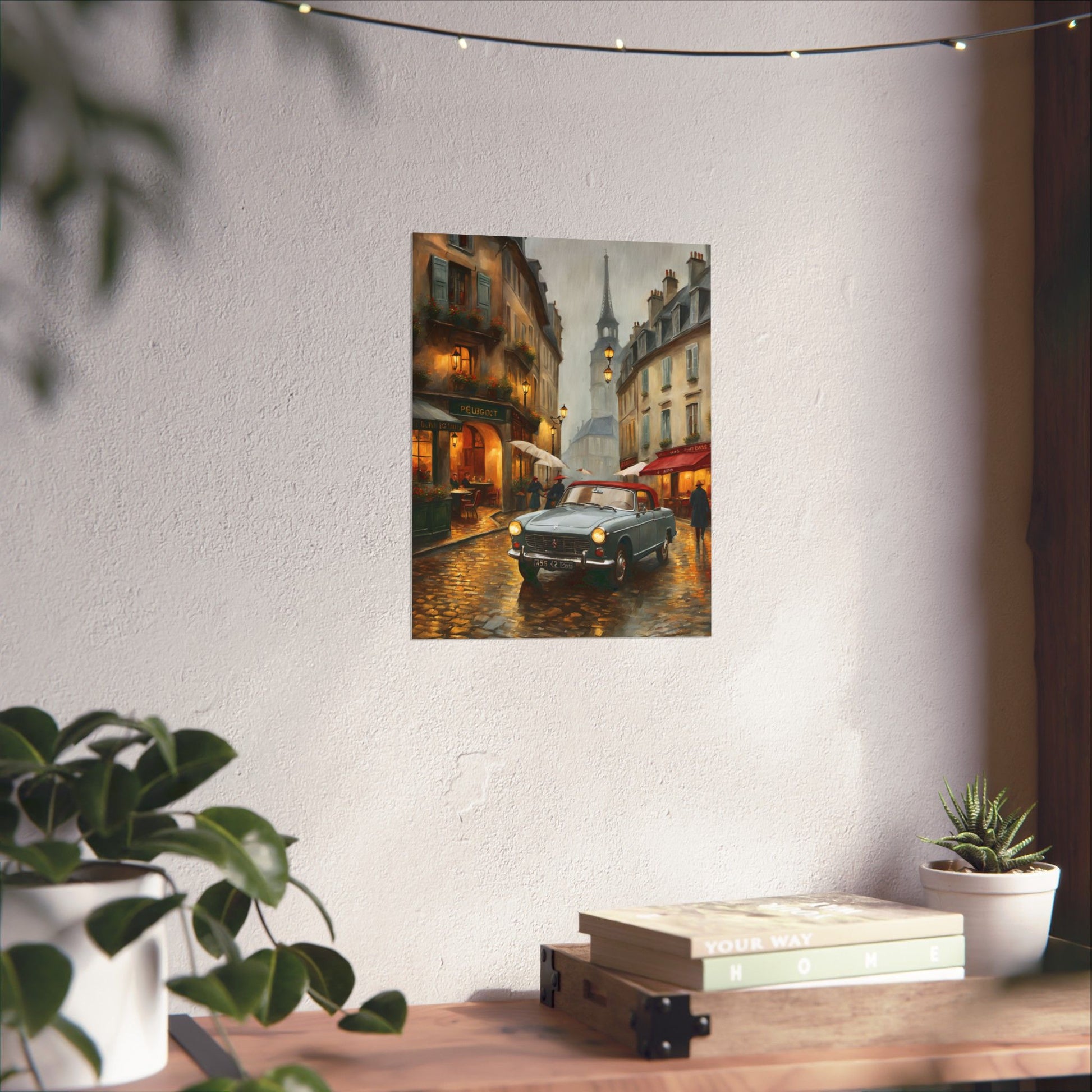 Vintage car art poster featuring a rainy street scene, perfect as a travel gift