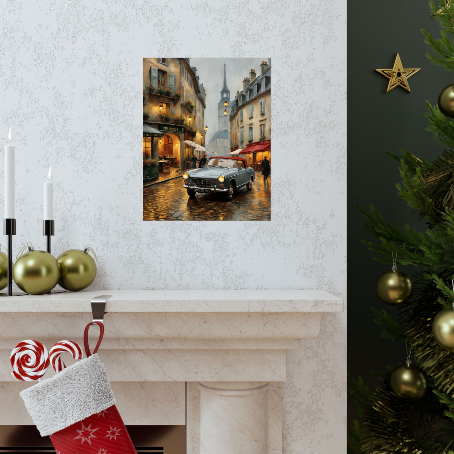 Vintage car art poster depicting a rainy street scene, perfect travel gift for art lovers