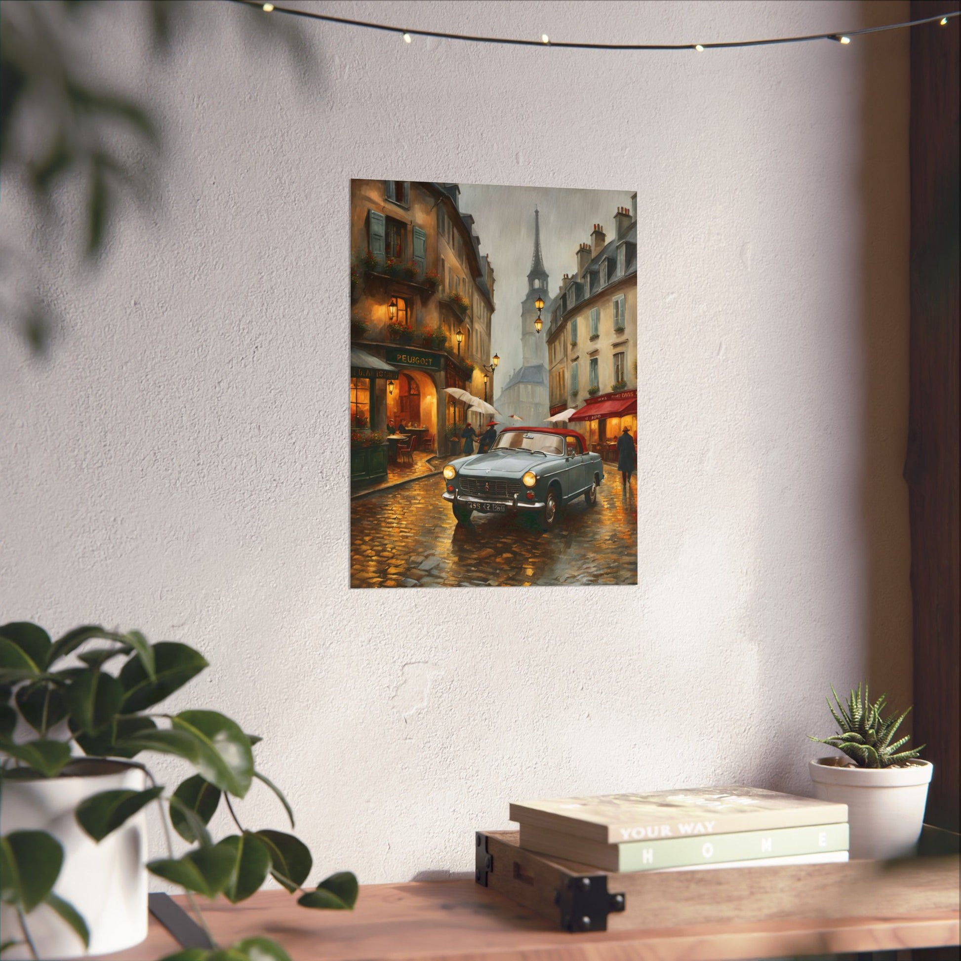 Vintage car art poster depicting a rainy street scene in a European city, a perfect travel gift