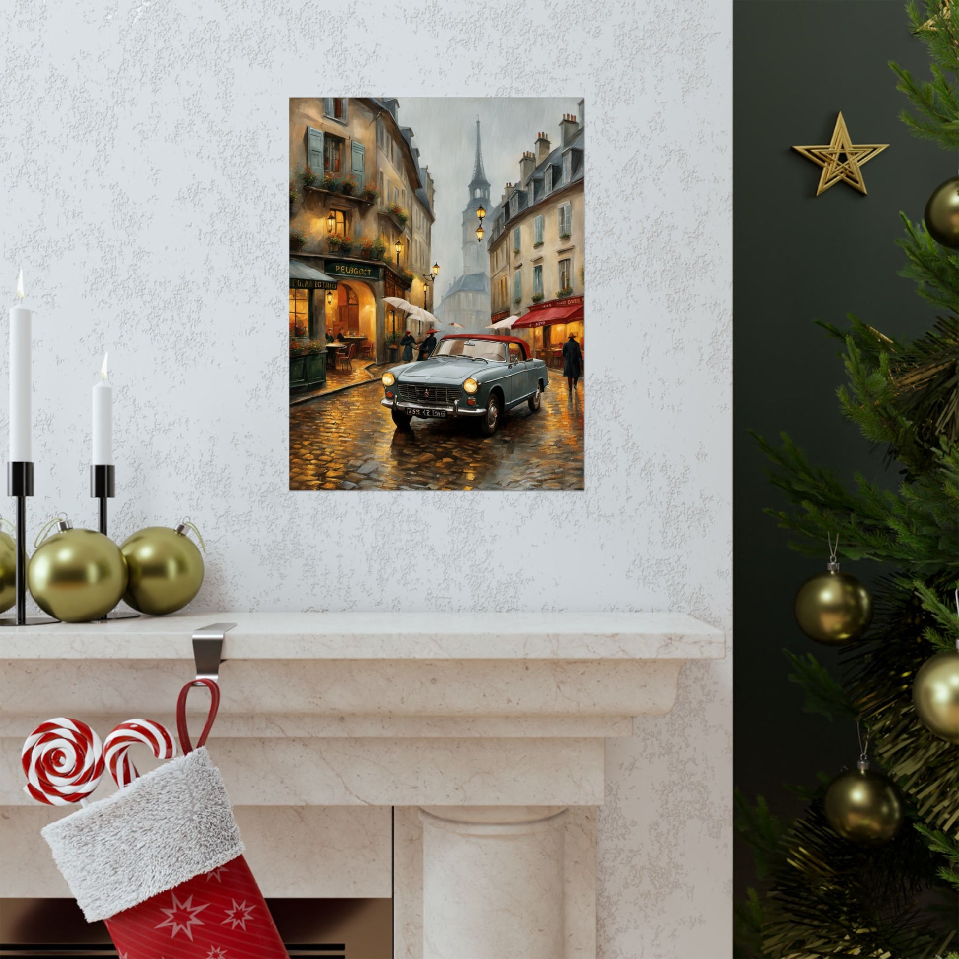 Vintage car art travel gift poster featuring a scenic street scene with historical architecture