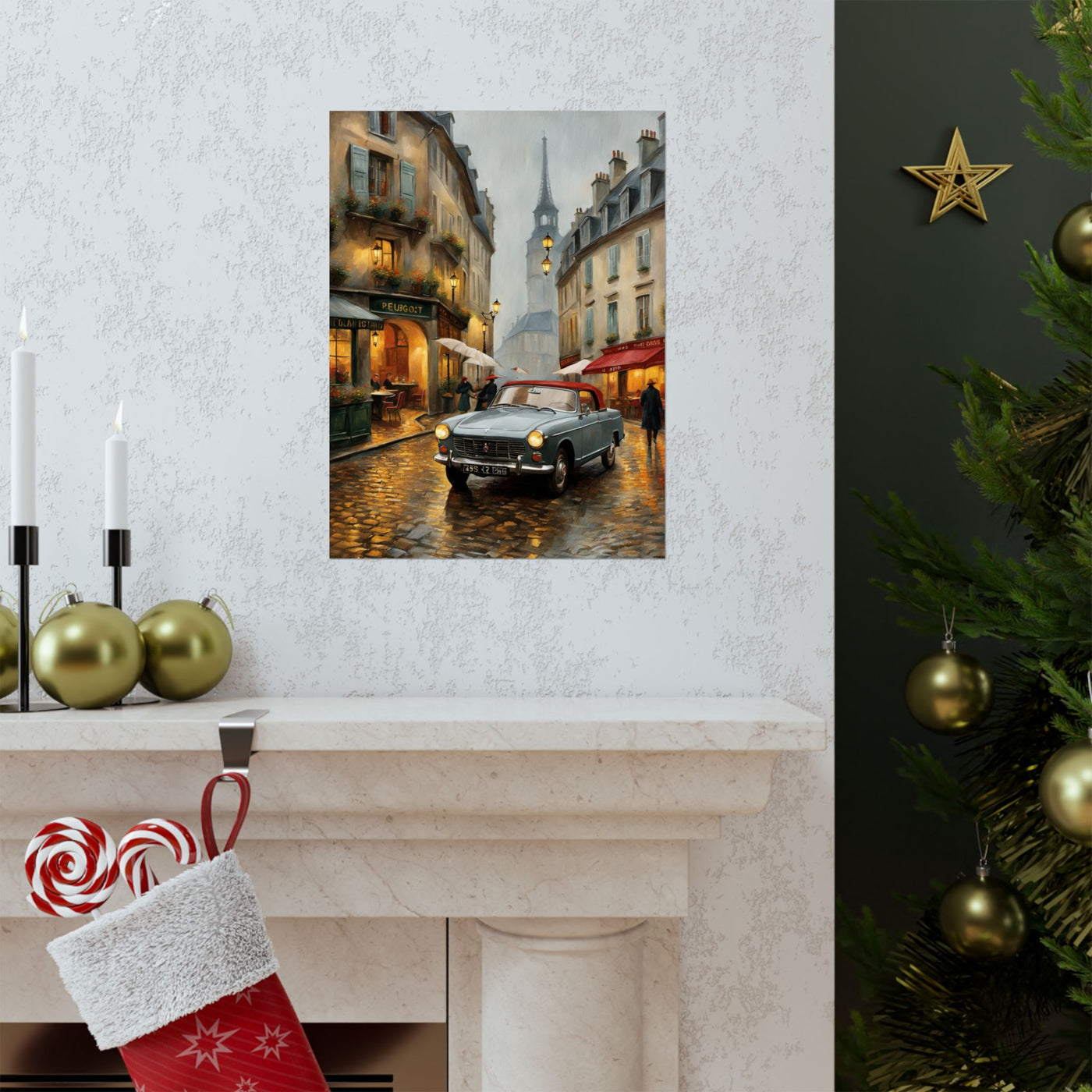 Vintage car art travel gift poster featuring a scenic street scene with historical architecture