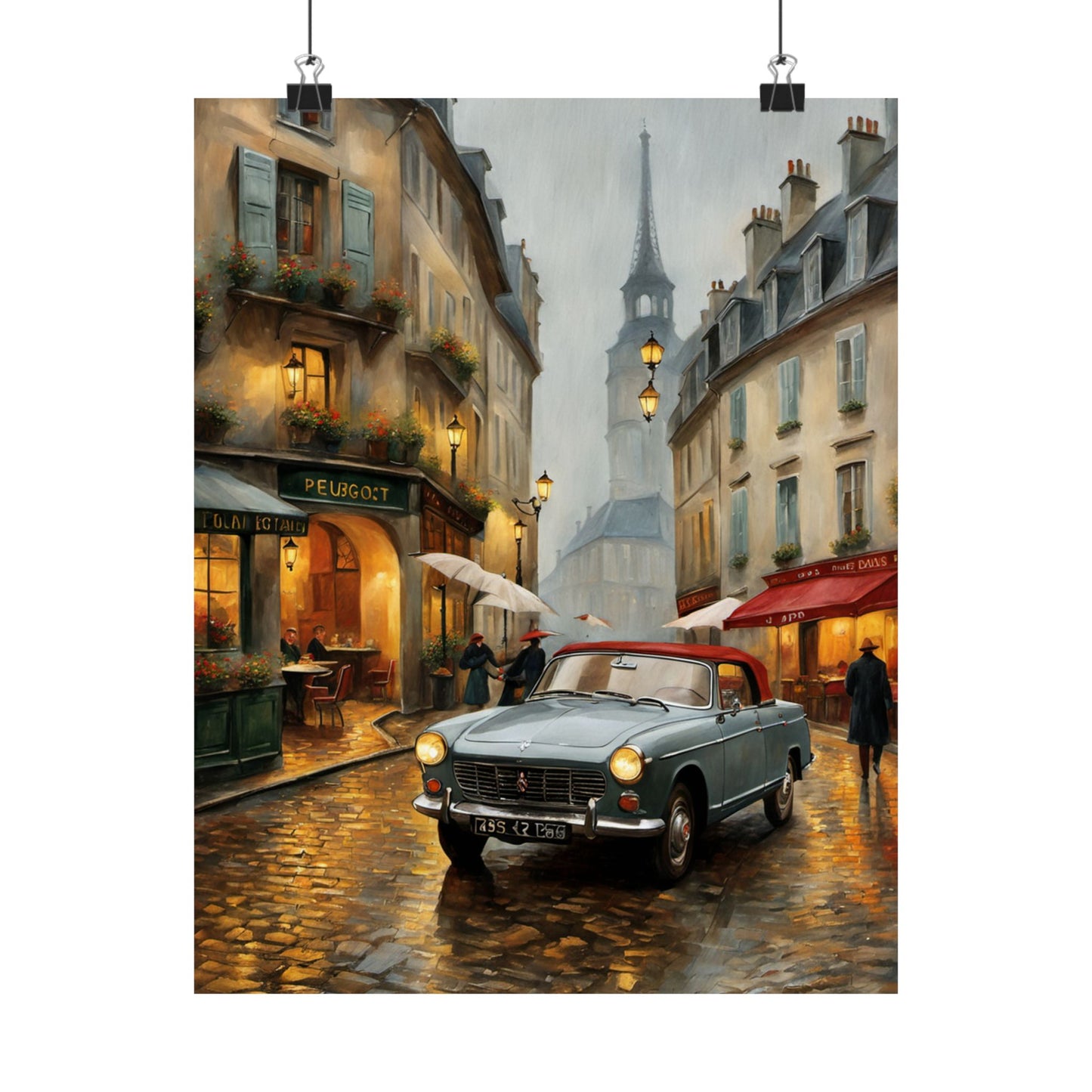 Vintage car art travel gift poster showcasing a charming Paris street scene with warm colors