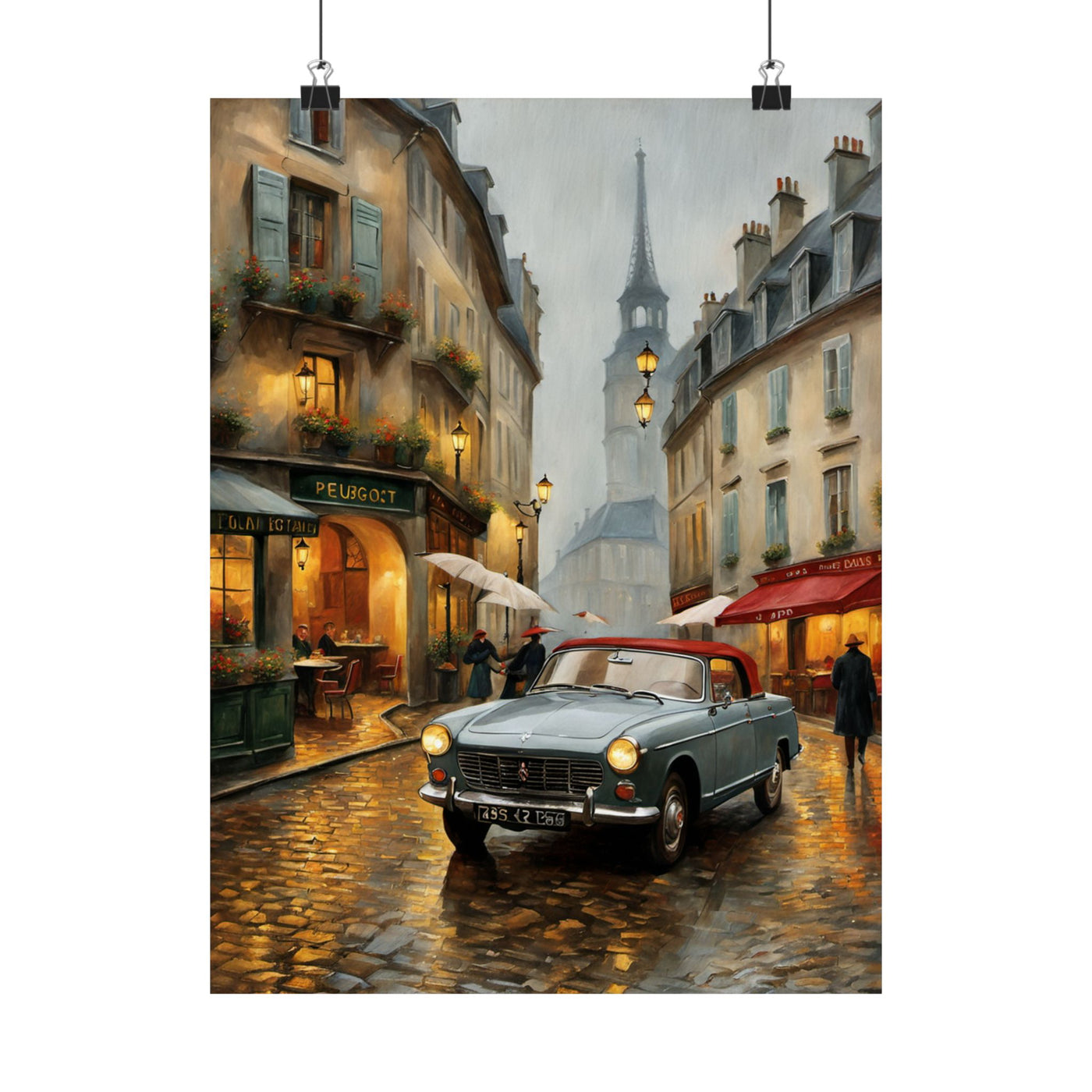 Vintage car art poster featuring a classic vehicle in a quaint Paris street, perfect travel gift