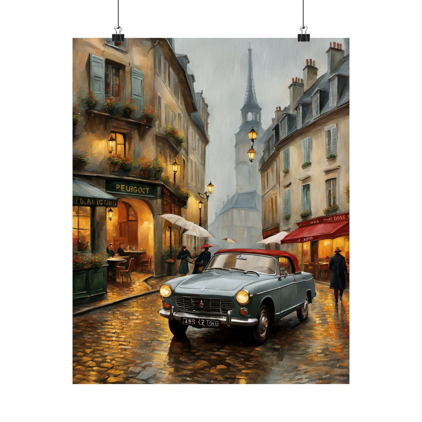 Vintage car art poster featuring a charming street scene perfect for a travel gift