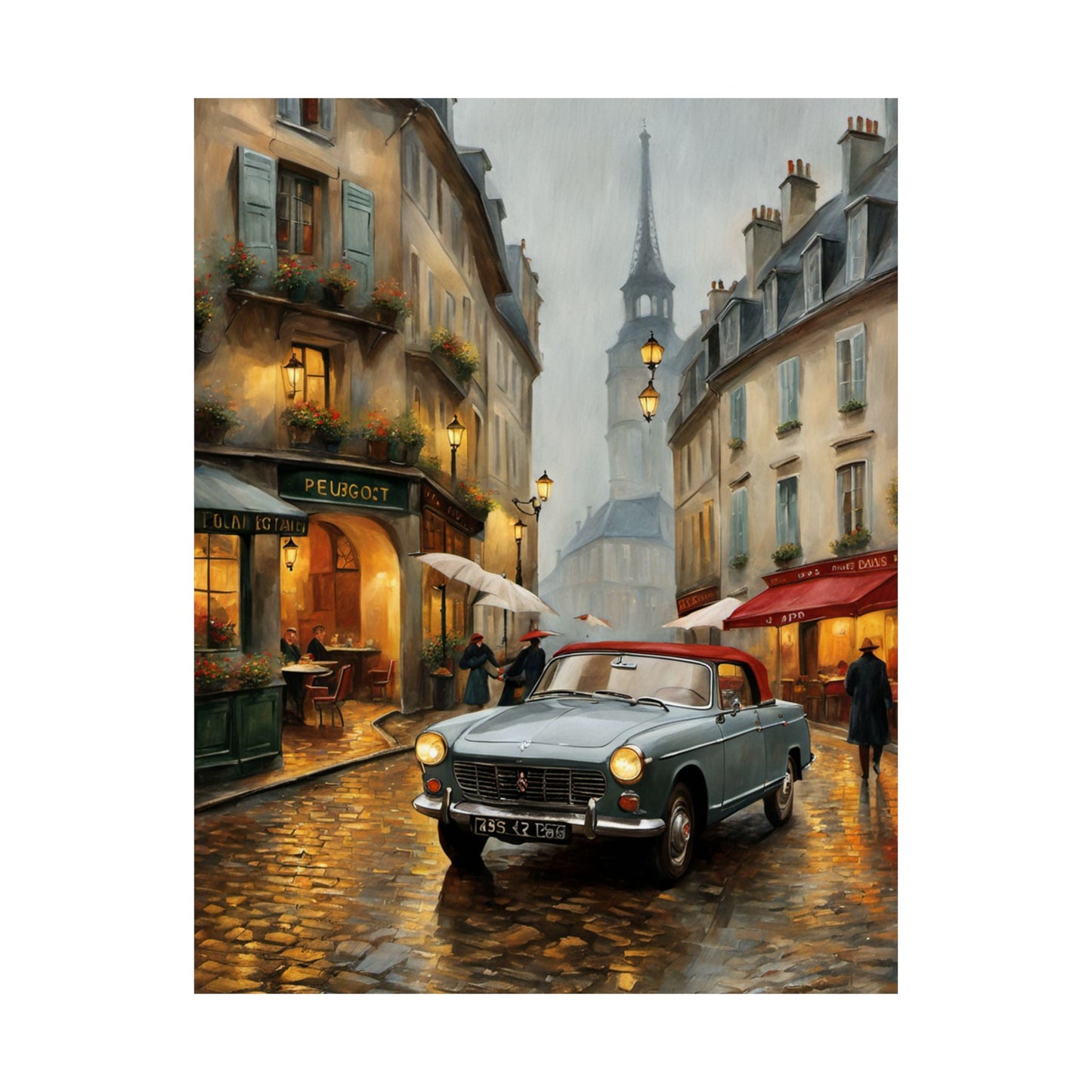 Vintage car art poster capturing a rainy street scene with cafes, ideal travel gift for car enthusiasts
