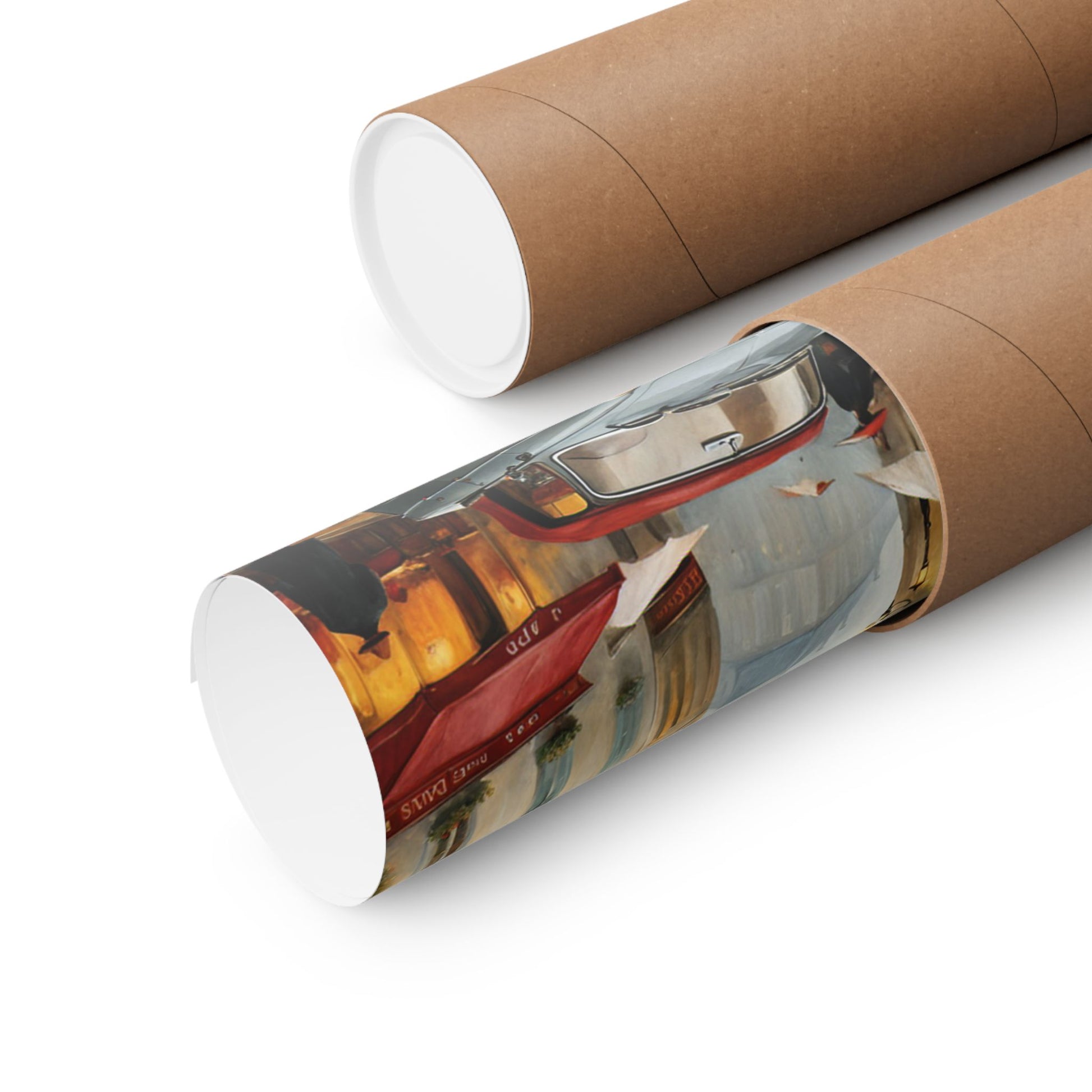 Travel gift vintage car art poster rolled in a brown shipping tube for safe delivery