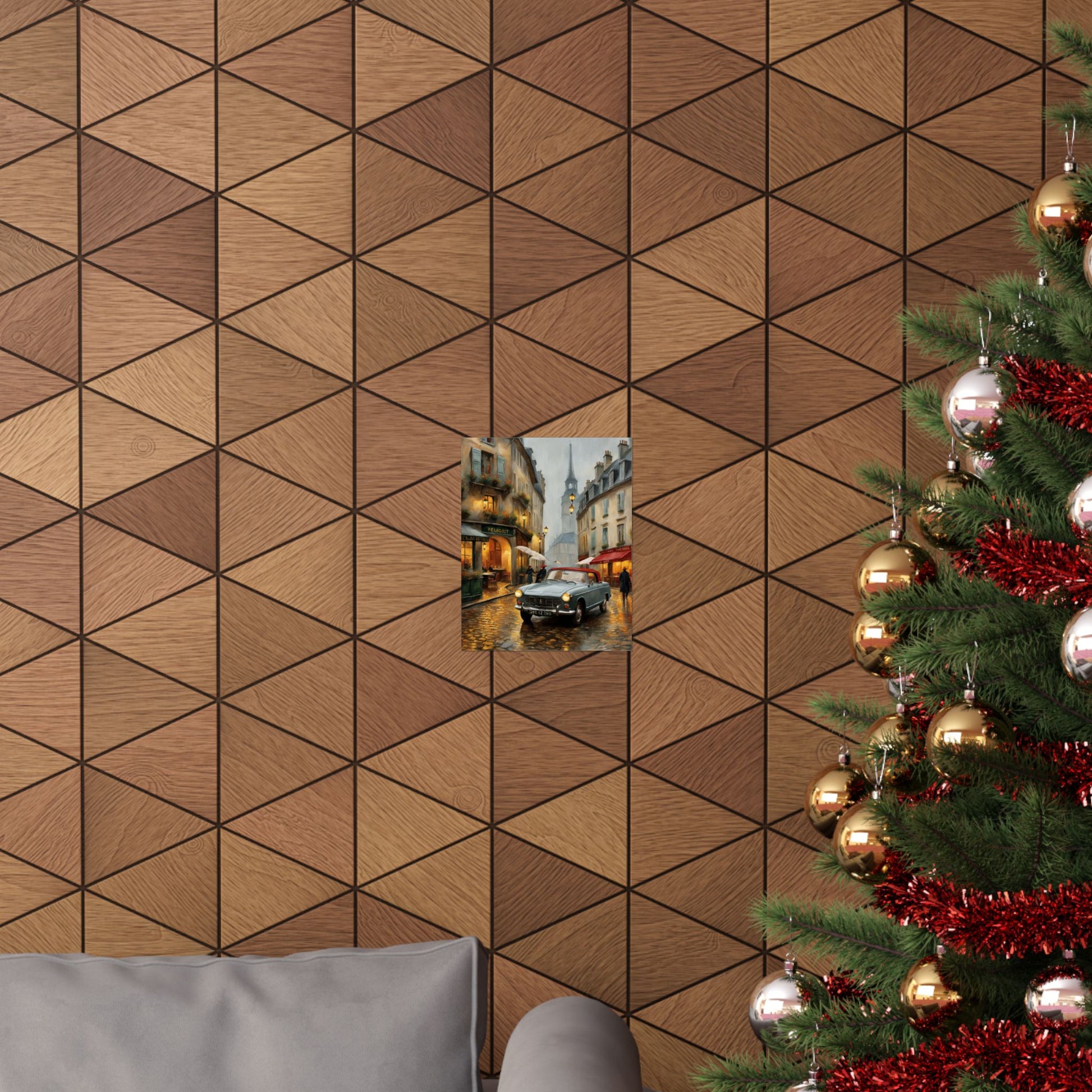 Vintage car art travel gift poster displayed on a patterned wall near a Christmas tree