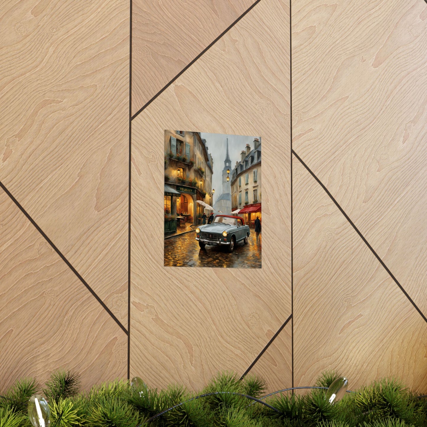 Travel gift vintage car art featuring a classic car on a rainy street in a cozy city scene