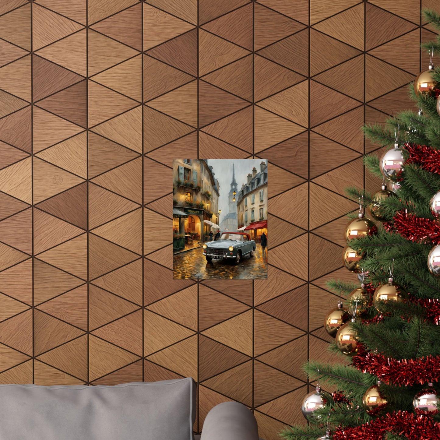 Travel gift vintage car art poster in a stylish living room with a Christmas tree