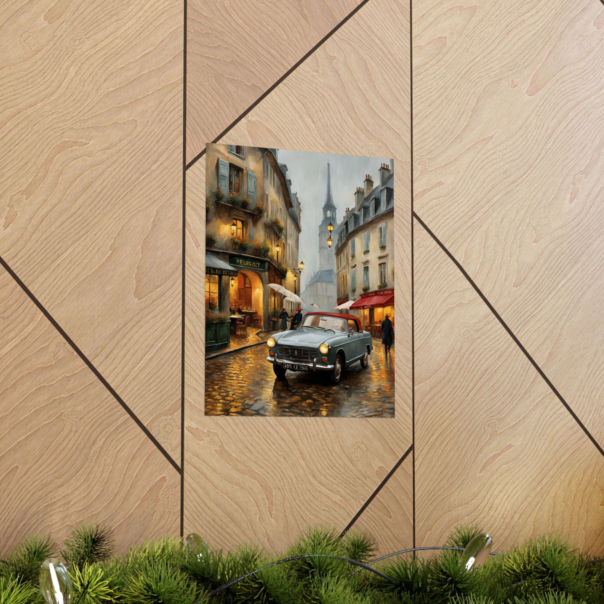 Vintage car art poster depicting a rainy street scene for a unique travel gift