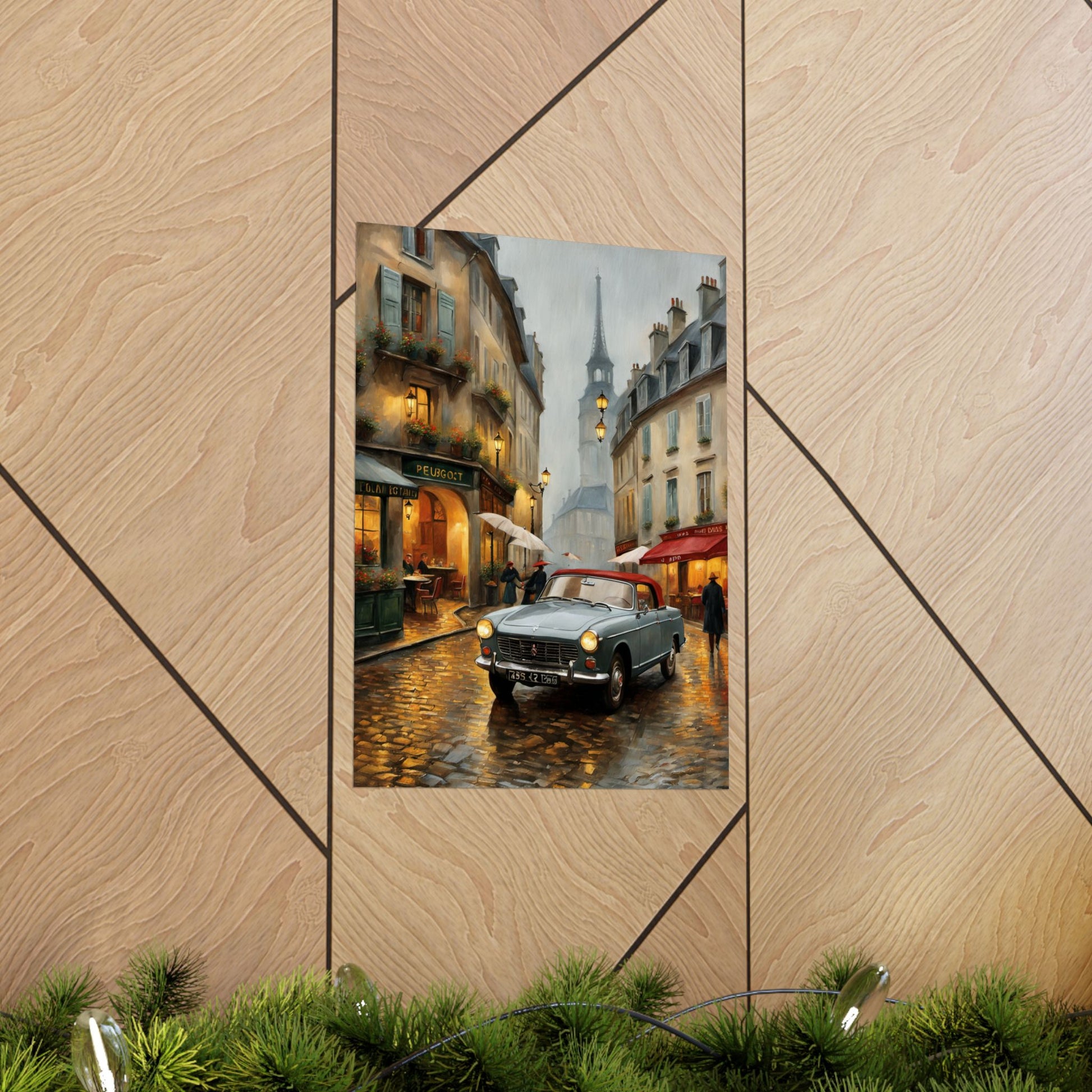 Vintage car art travel gift poster featuring a rainy street scene in a European city