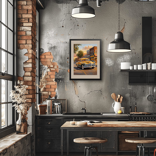 Nostalgic oil painting of main street framed and hanging on kitchen wall with industrial decor