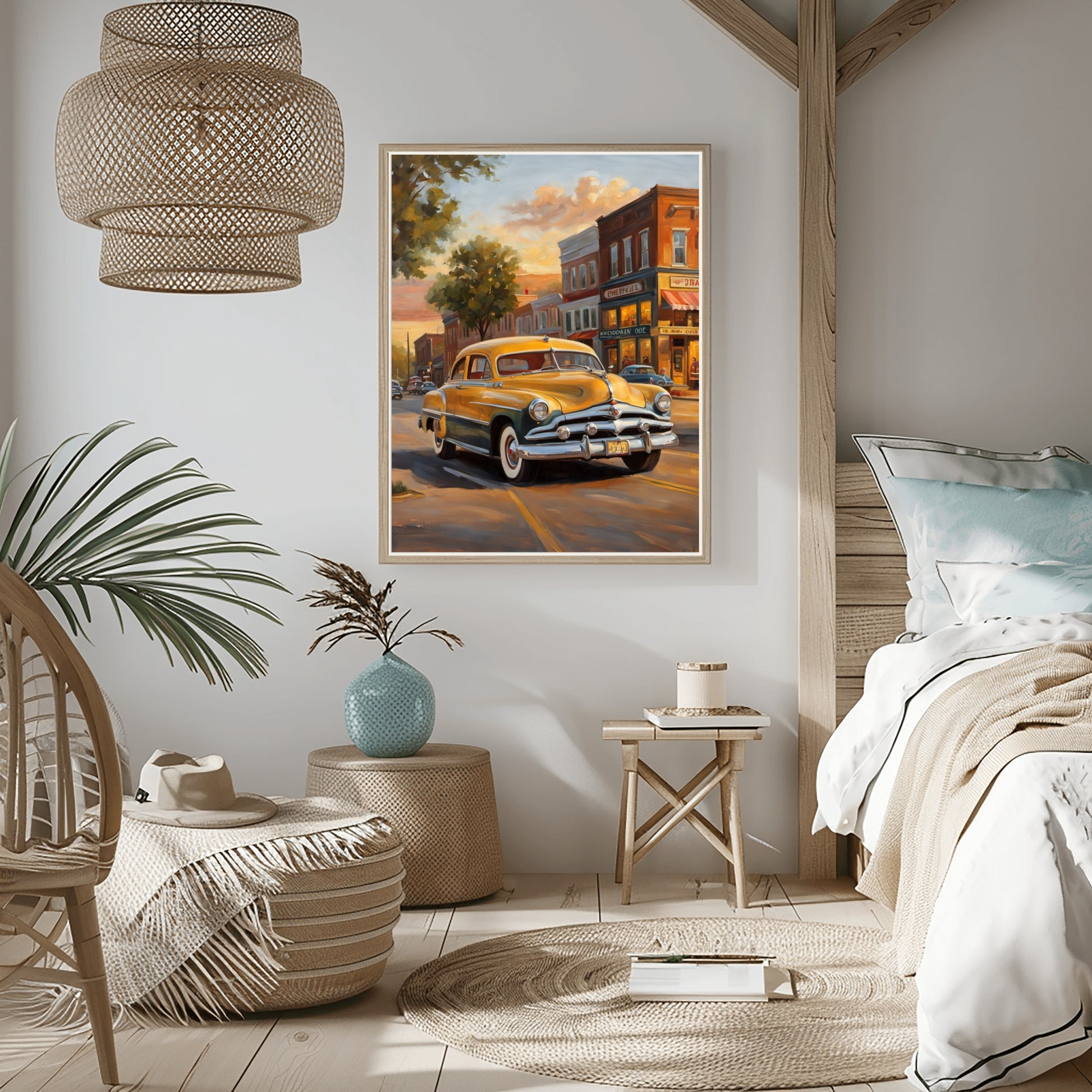 Nostalgic oil painting of main street featuring a classic yellow car displayed in a cozy modern bedroom