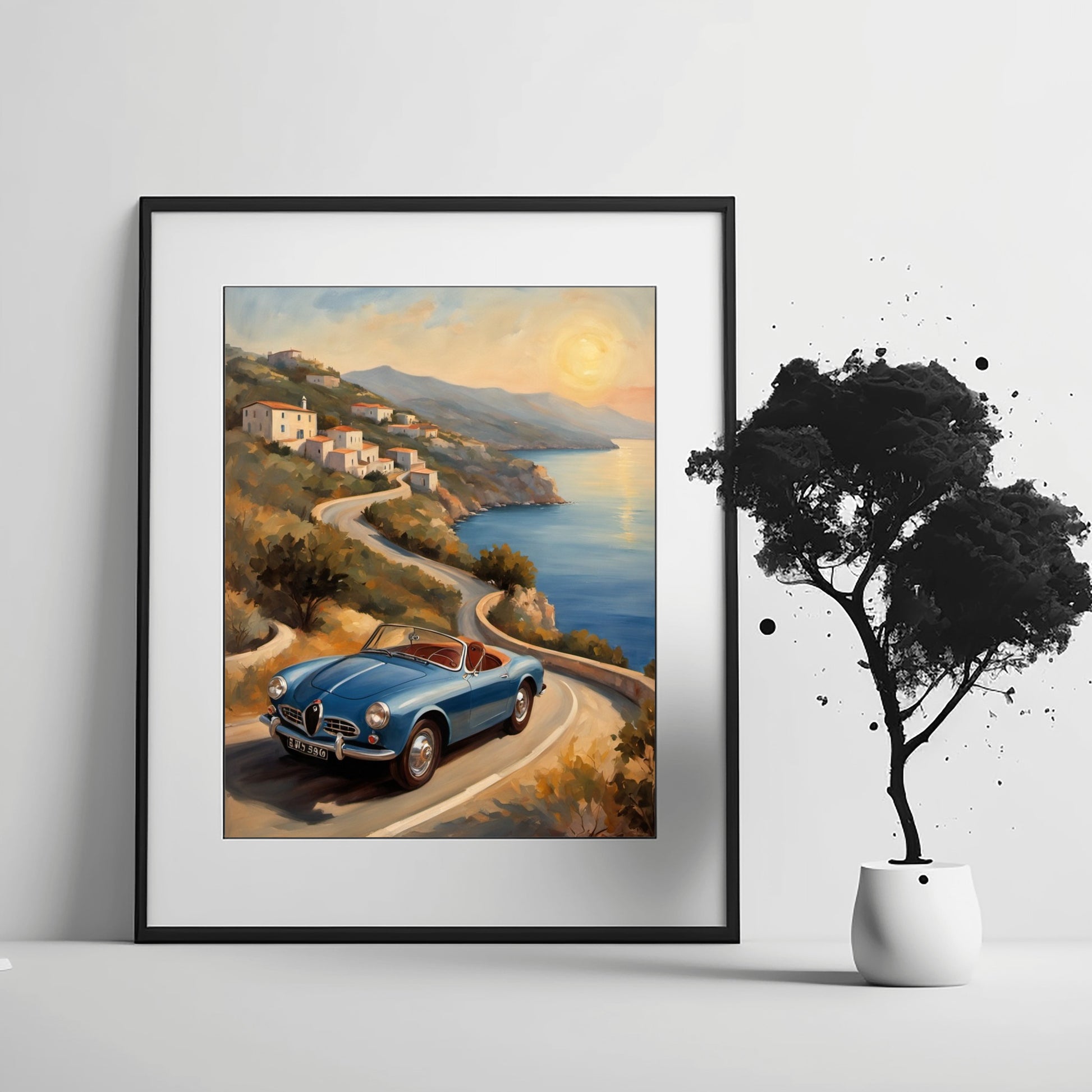 AquilVision retro car seascape painting of a blue classic car on a coastal road with sunset over the sea