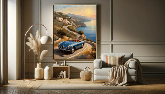 Retro car seascape painting by AquilVision displayed in a modern living room with neutral decor