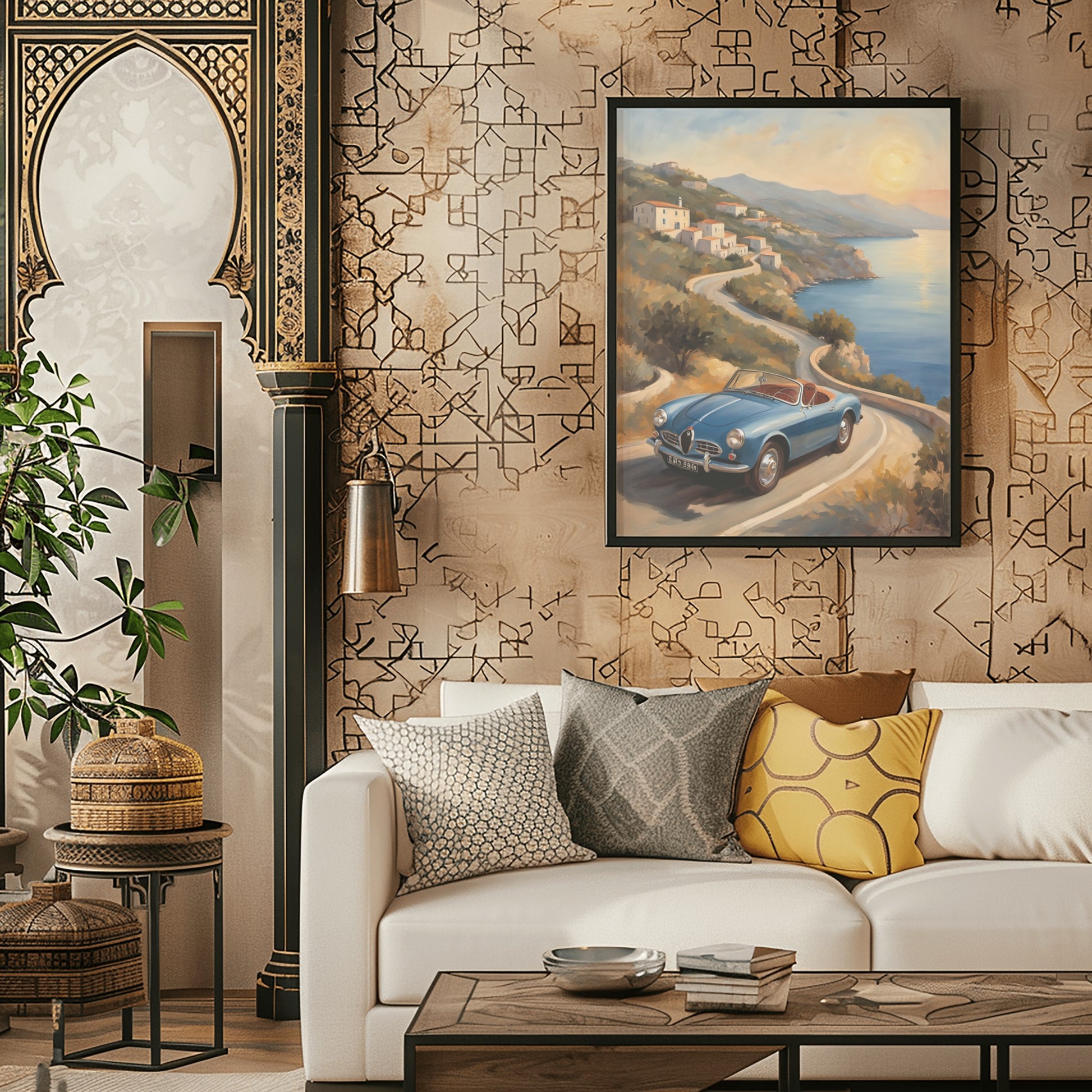 AquilVision retro car seascape painting framed on wall above a modern white sofa in stylish living room