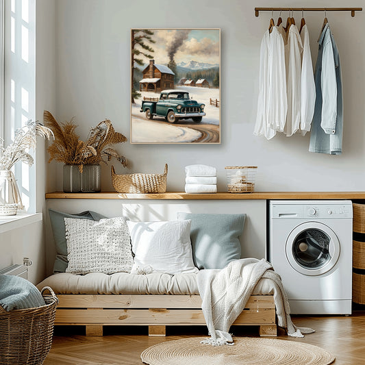 Cozy laundry room with framed snowy countryside art print above a wooden bench with cushions and plants