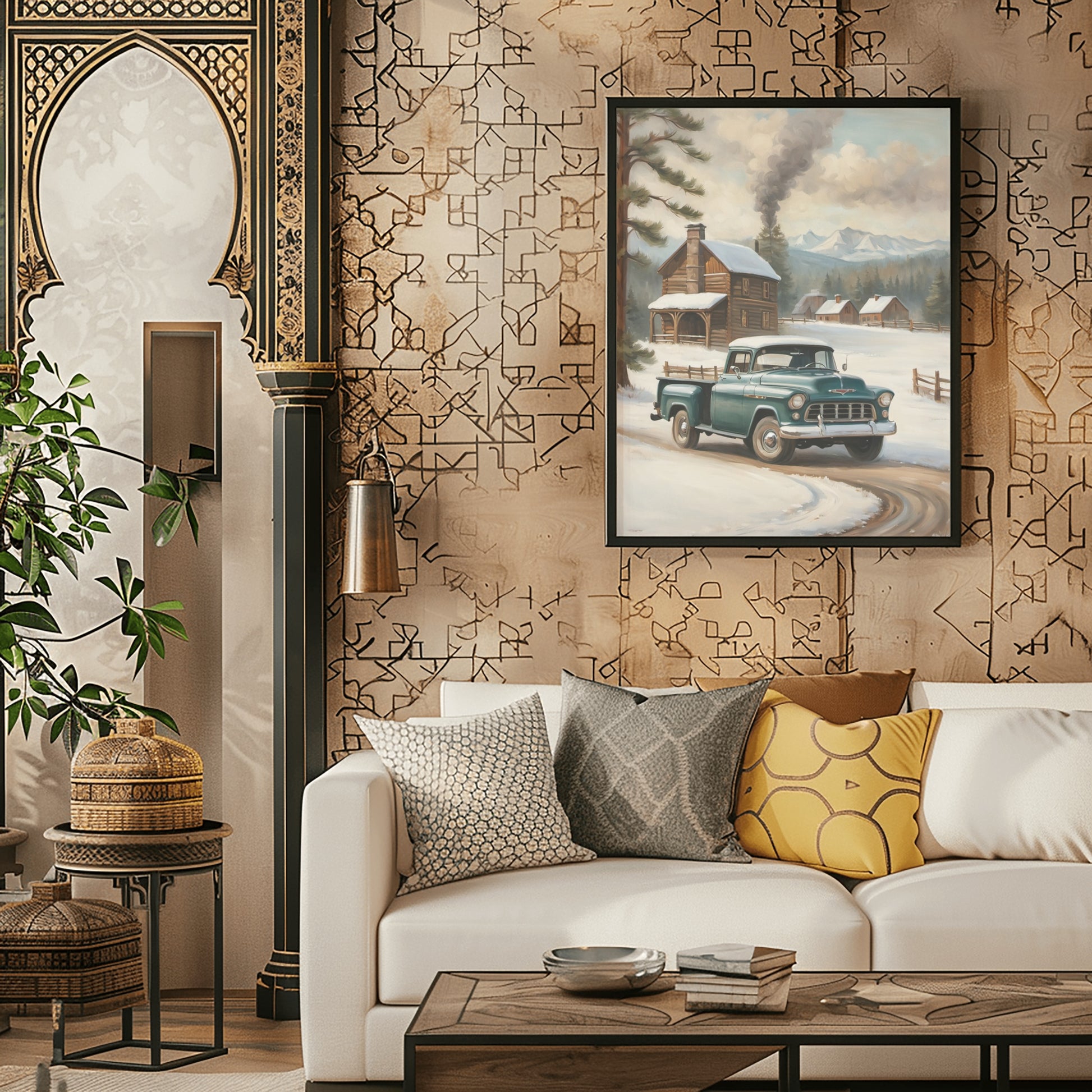 Snowy countryside art print by AquilVision featuring a vintage truck near a cabin in a winter landscape