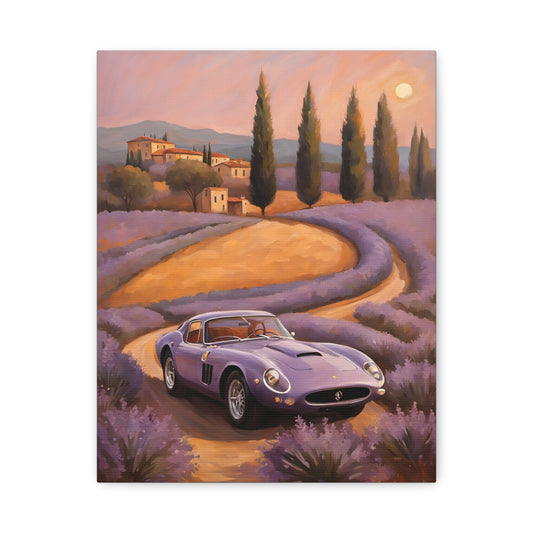 Vibrant Canvas Art Print of a classic sports car driving through a lavender field at sunset