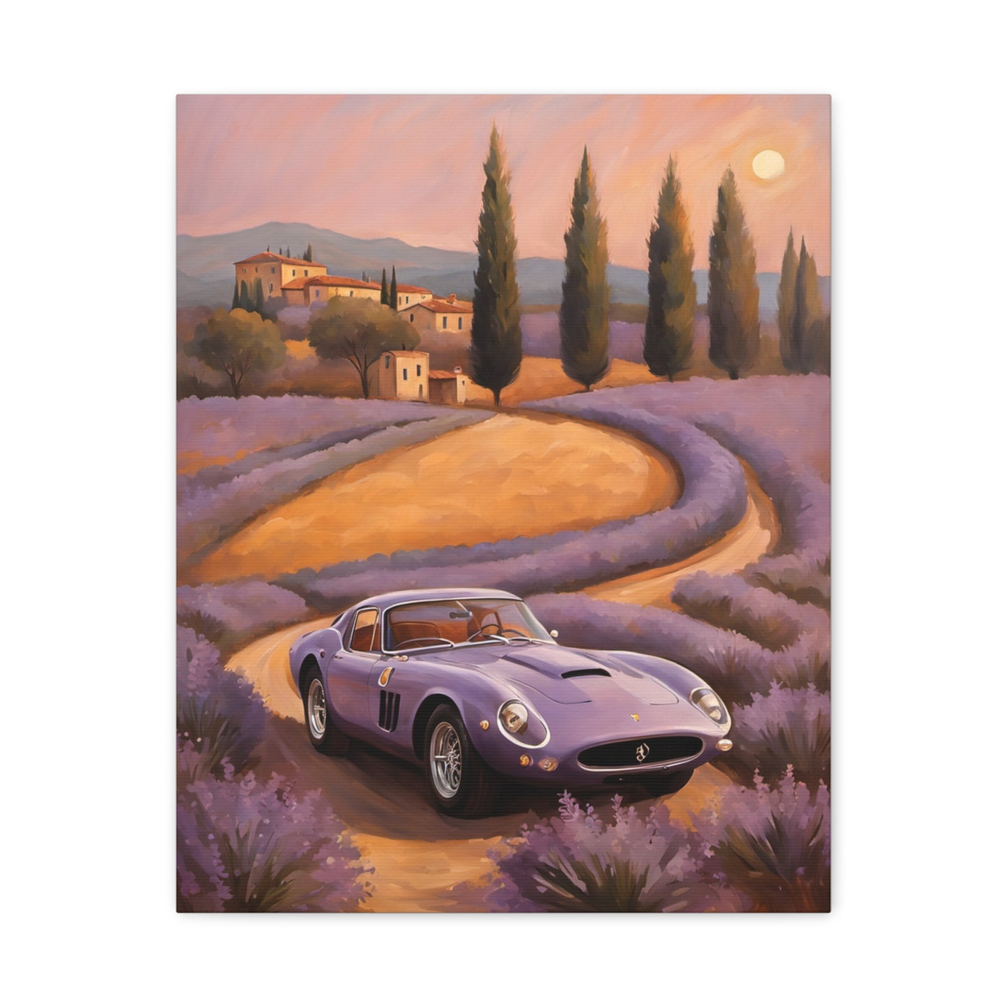 Vibrant Canvas Art Print of a purple vintage car on a winding road through lavender fields