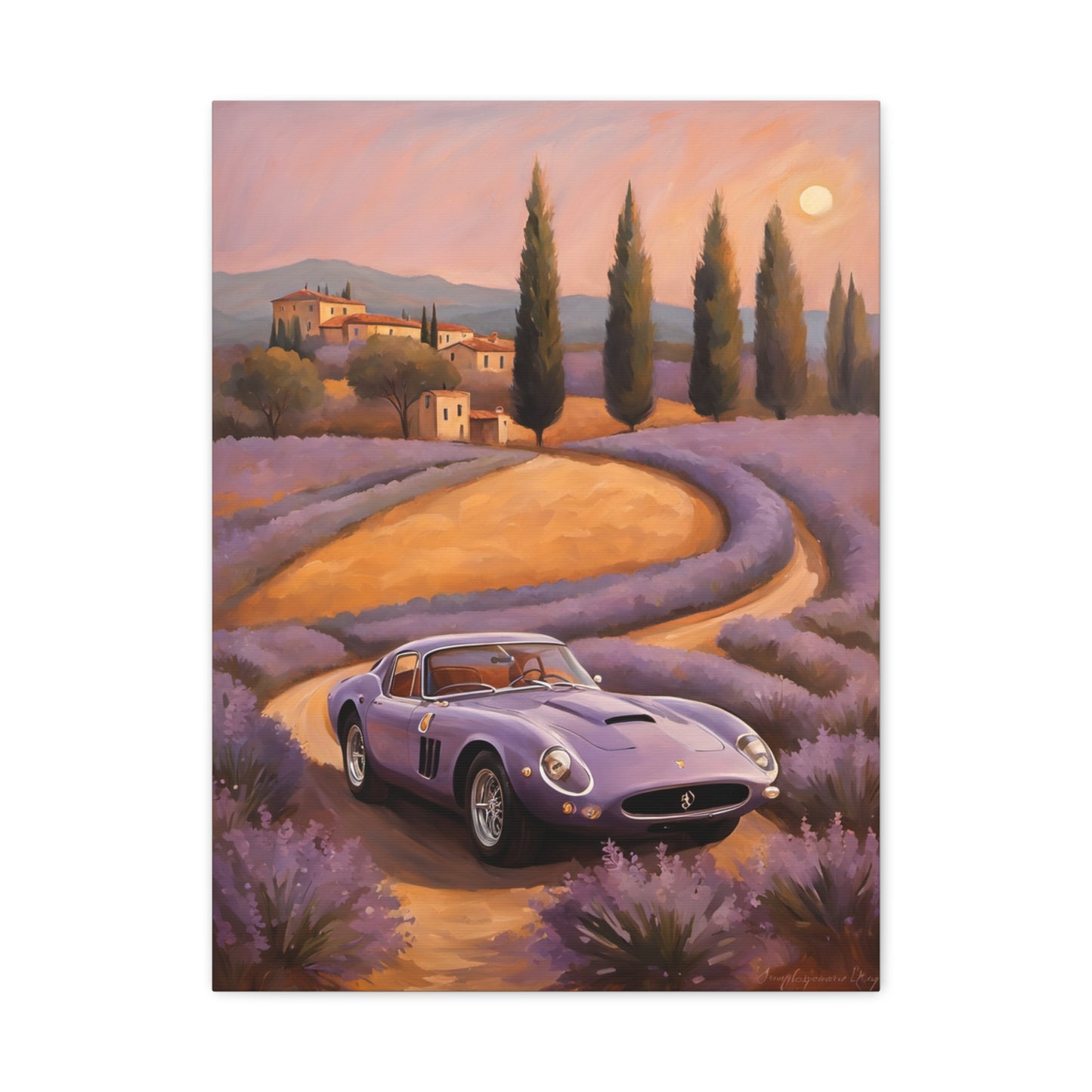 Vibrant Canvas Art Print featuring a classic purple car on a lavender field road
