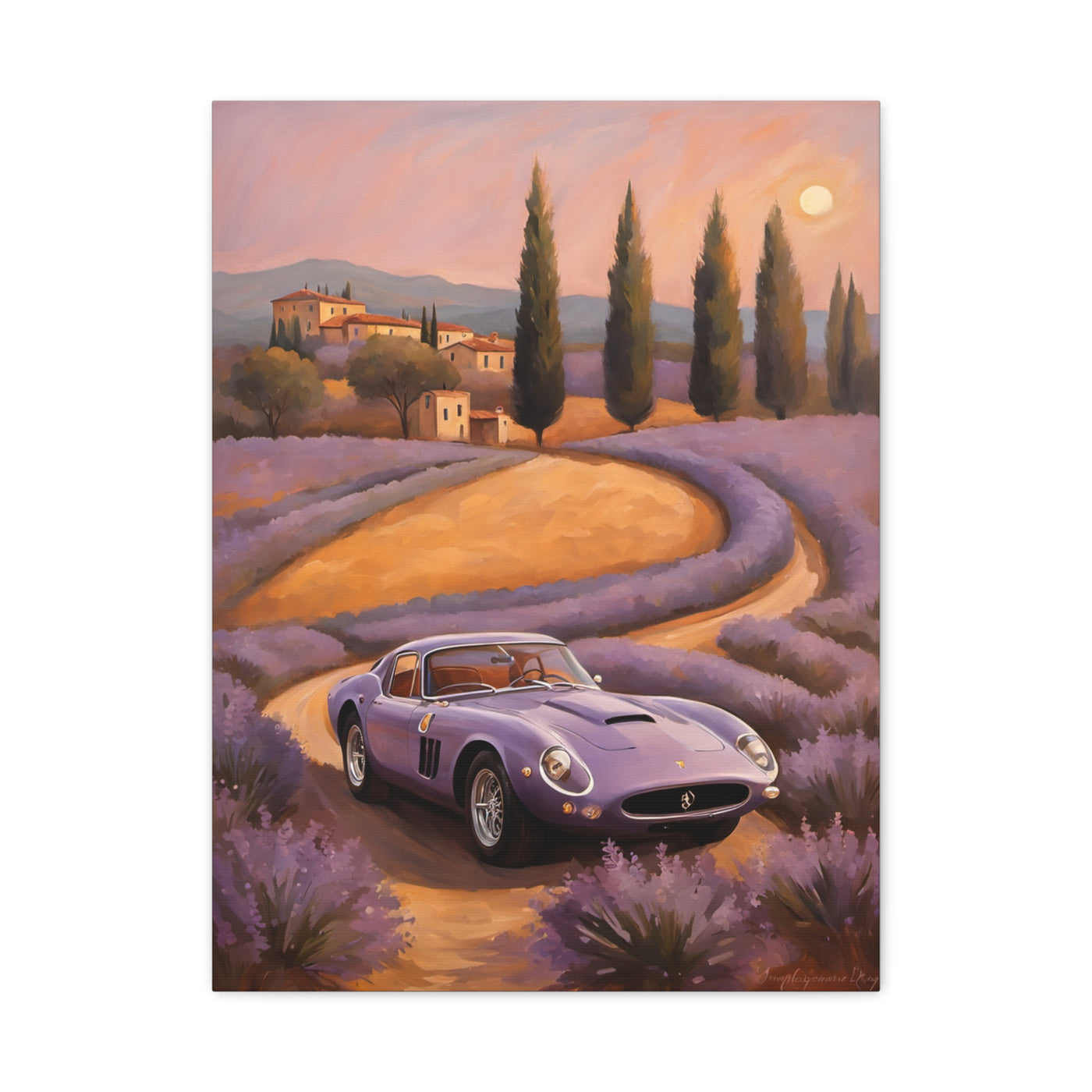 Vibrant Canvas Art Print featuring a classic purple car on a lavender field road
