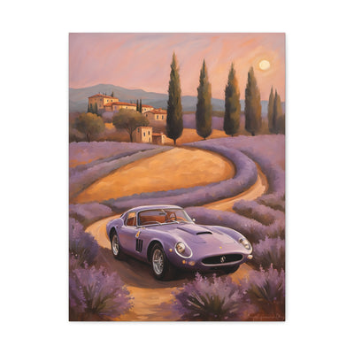 Vibrant Canvas Art Print featuring a classic purple car on a lavender field road