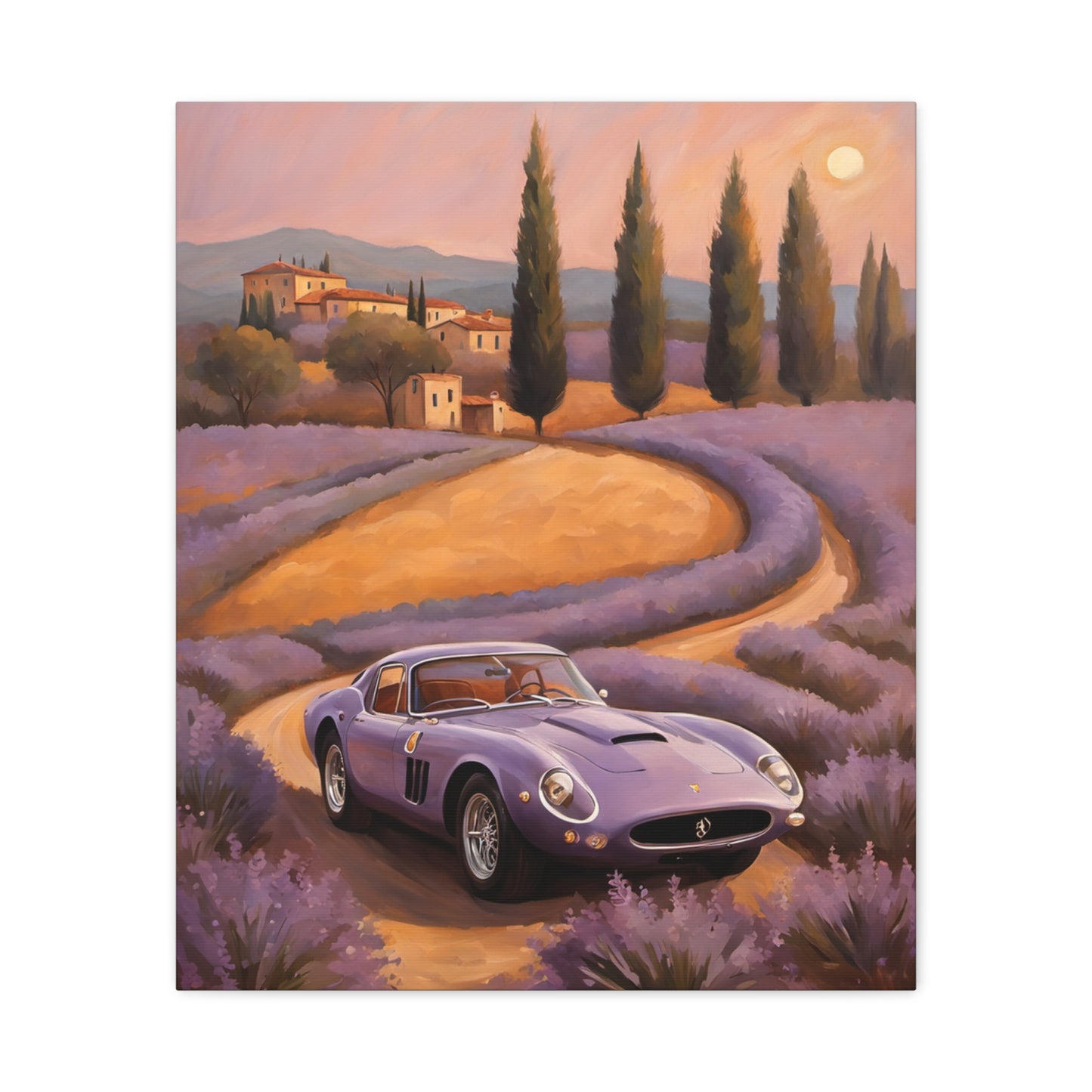 Vibrant Canvas Art Print featuring a purple vintage car on a scenic lavender road