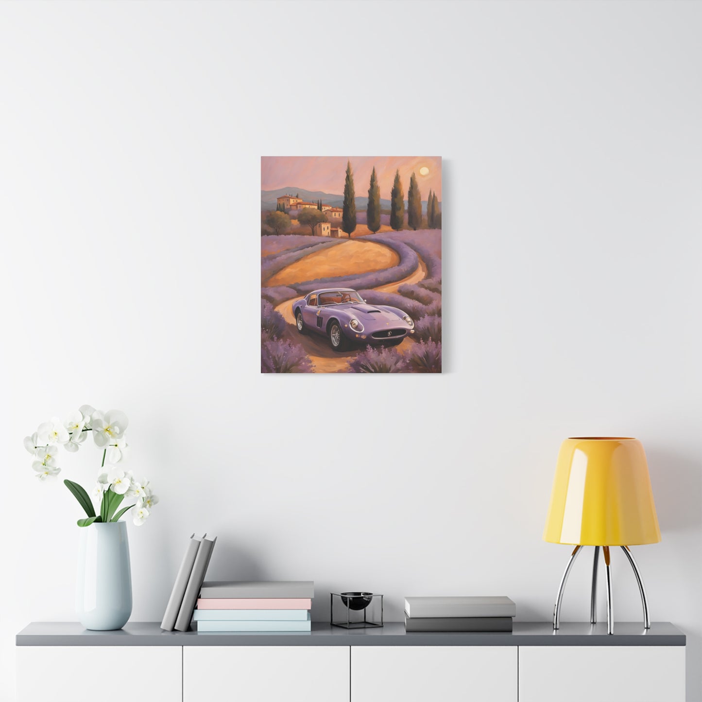 Vibrant Canvas Art Print of a scenic landscape featuring a classic car on a lavender field road