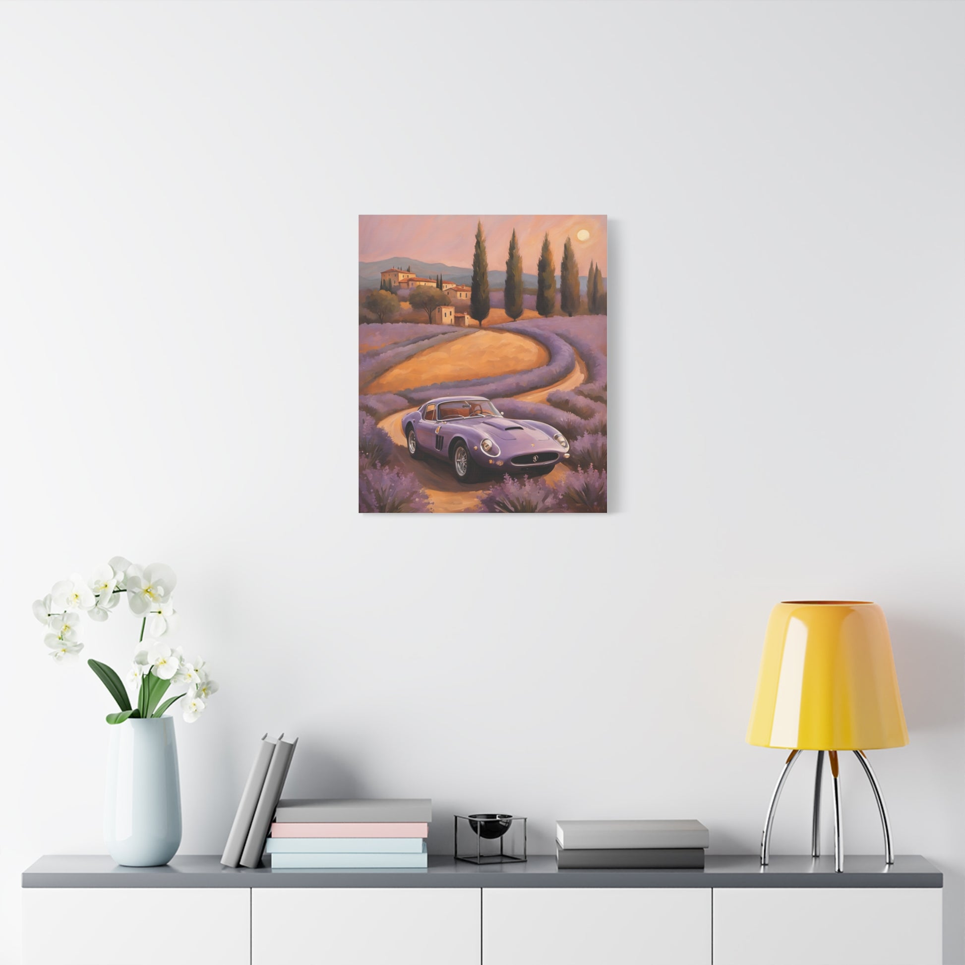 Vibrant Canvas Art Print of a scenic landscape featuring a classic car on a lavender field road