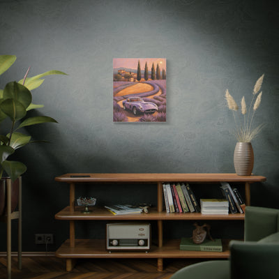 Vibrant Canvas Art Print featuring a scenic landscape with a classic car on winding roads