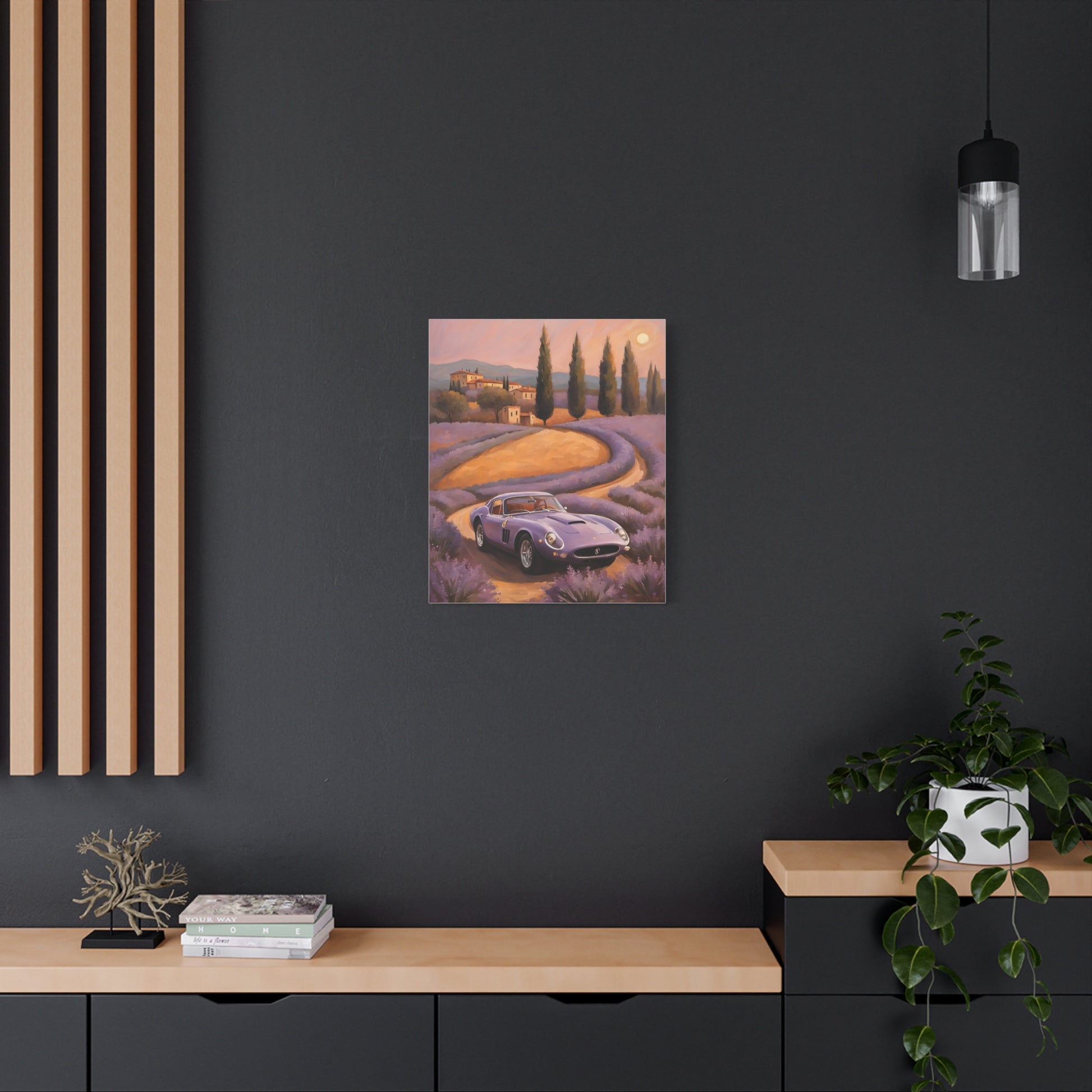 Vibrant Canvas Art Print featuring a scenic landscape with a car on a winding road