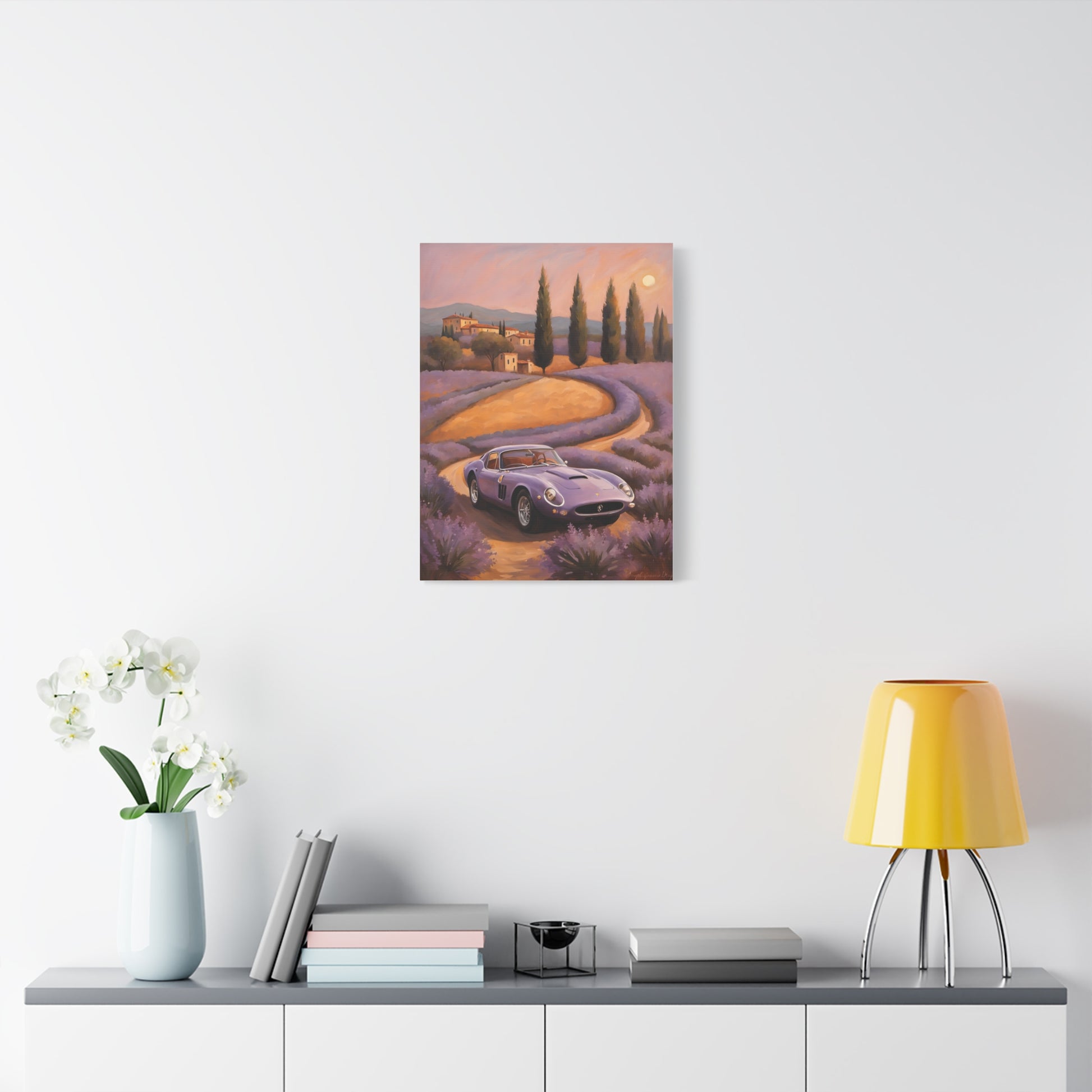 Vibrant Canvas Art Print featuring a classic car on a scenic landscape with mountains and a sunset