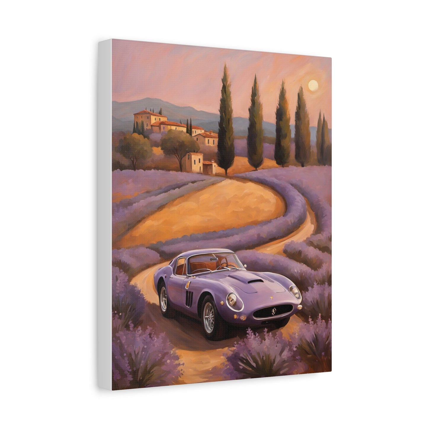 Vibrant Canvas Art Print featuring a purple sports car in a lavender field at sunset
