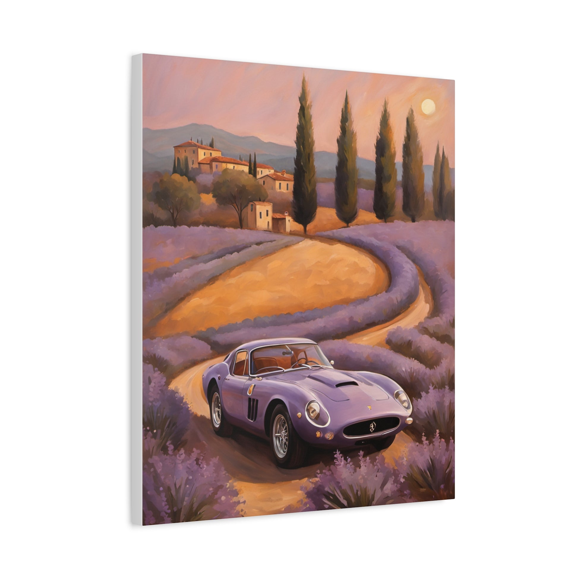 Vibrant Canvas Art Print of a purple sports car driving through lavender fields at sunset