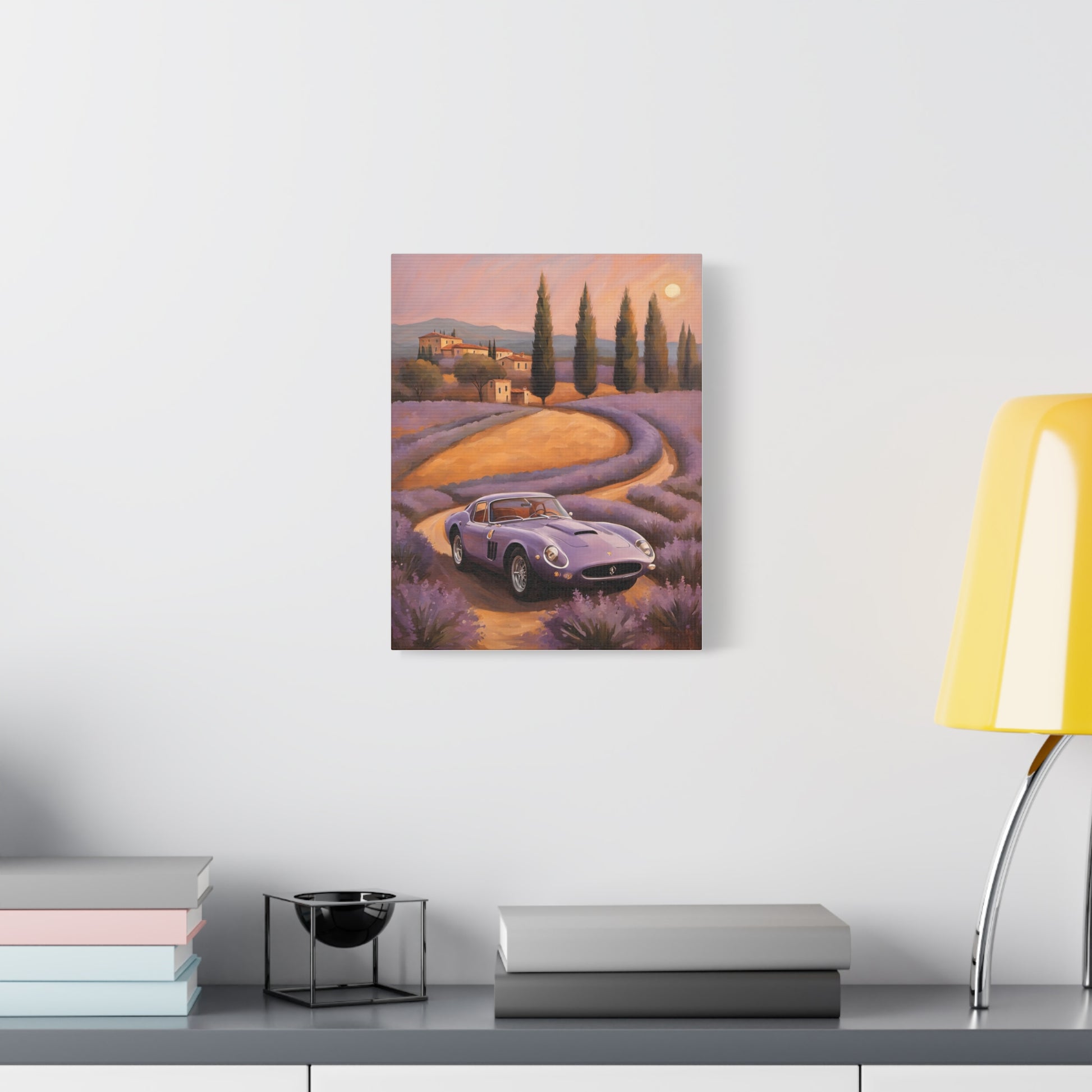 Vibrant Canvas Art Print featuring a scenic landscape with a classic car and lavender fields