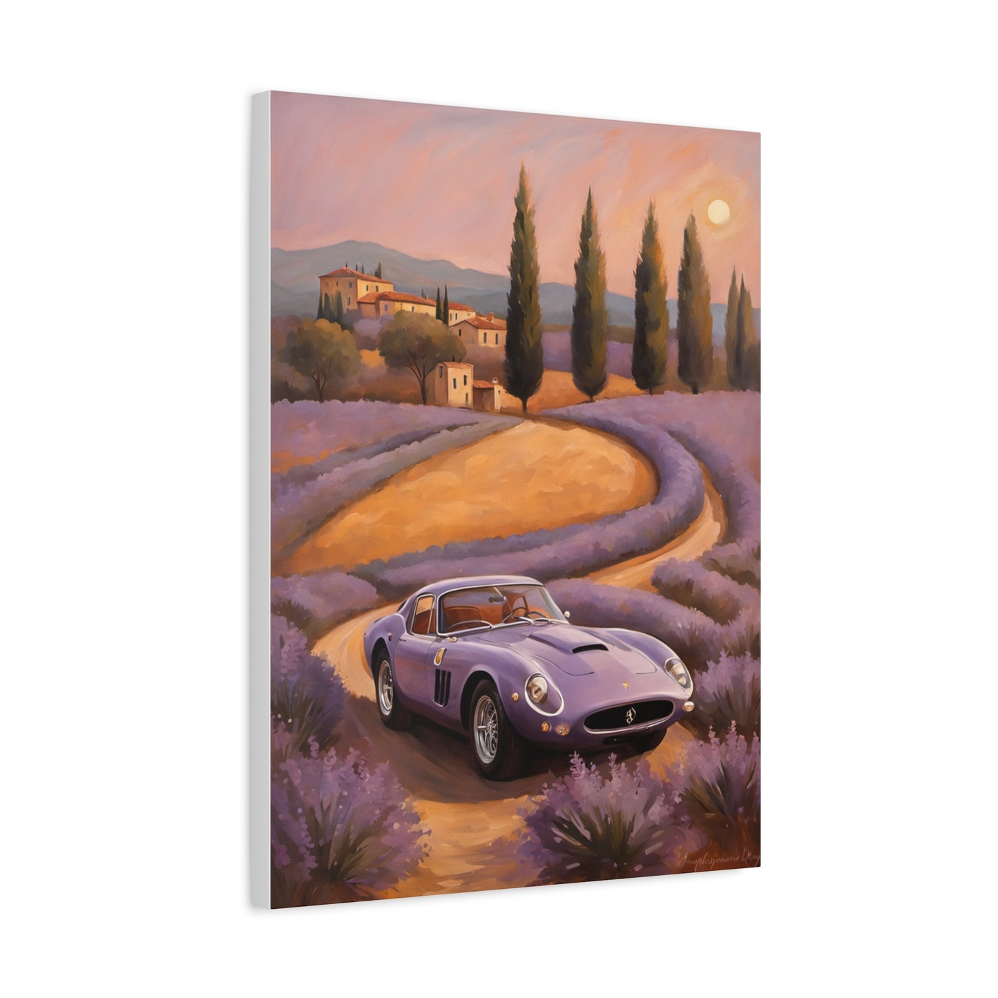 Vibrant Canvas Art Print of a Purple Sports Car Driving Through Lavender Fields in Tuscany