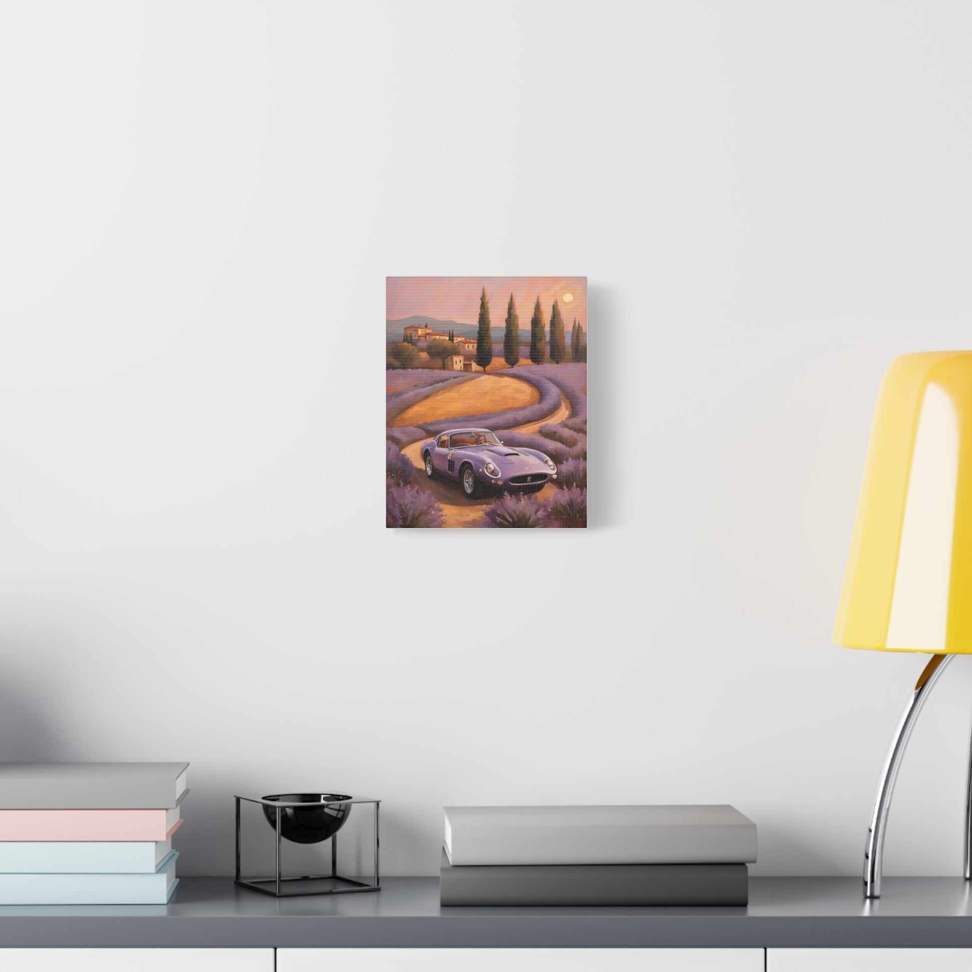 Vibrant Canvas Art Print featuring a scenic road with a vintage car and a sunset backdrop