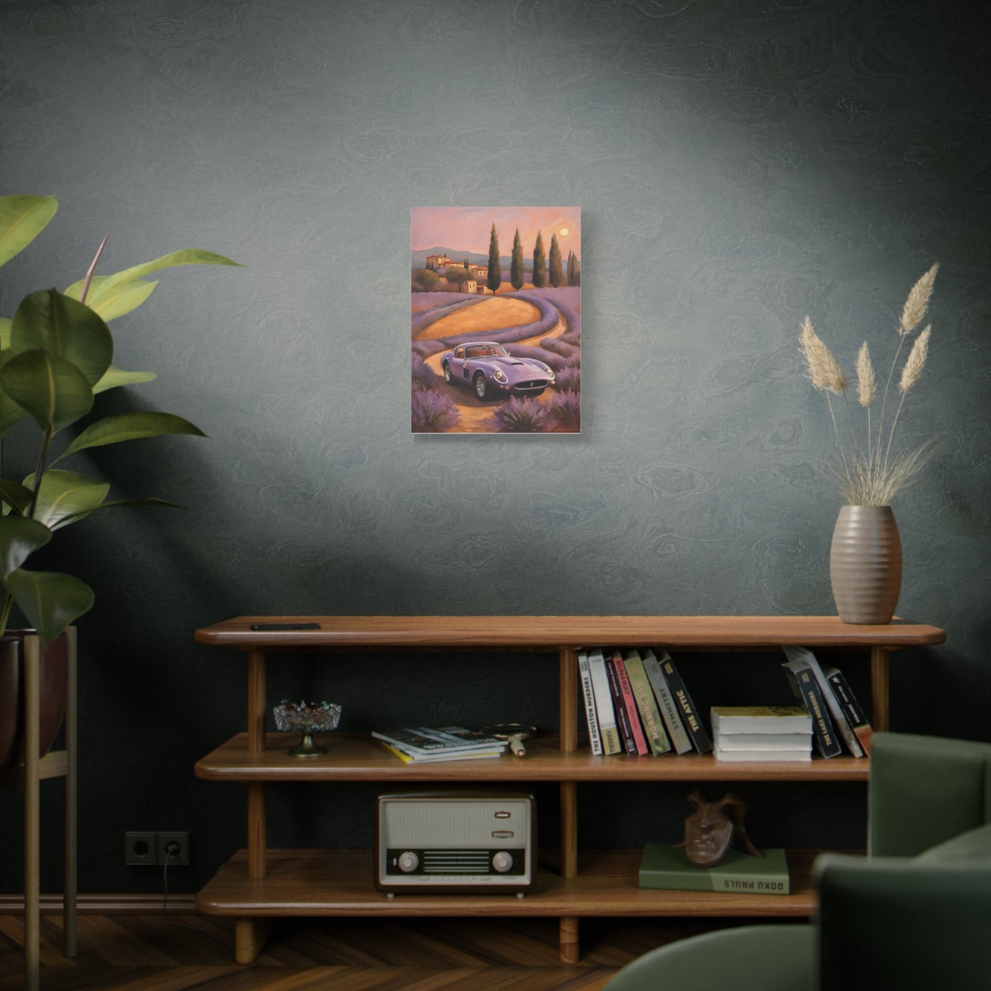 Vibrant Canvas Art Print featuring a scenic road with a vintage car in a cozy home setting