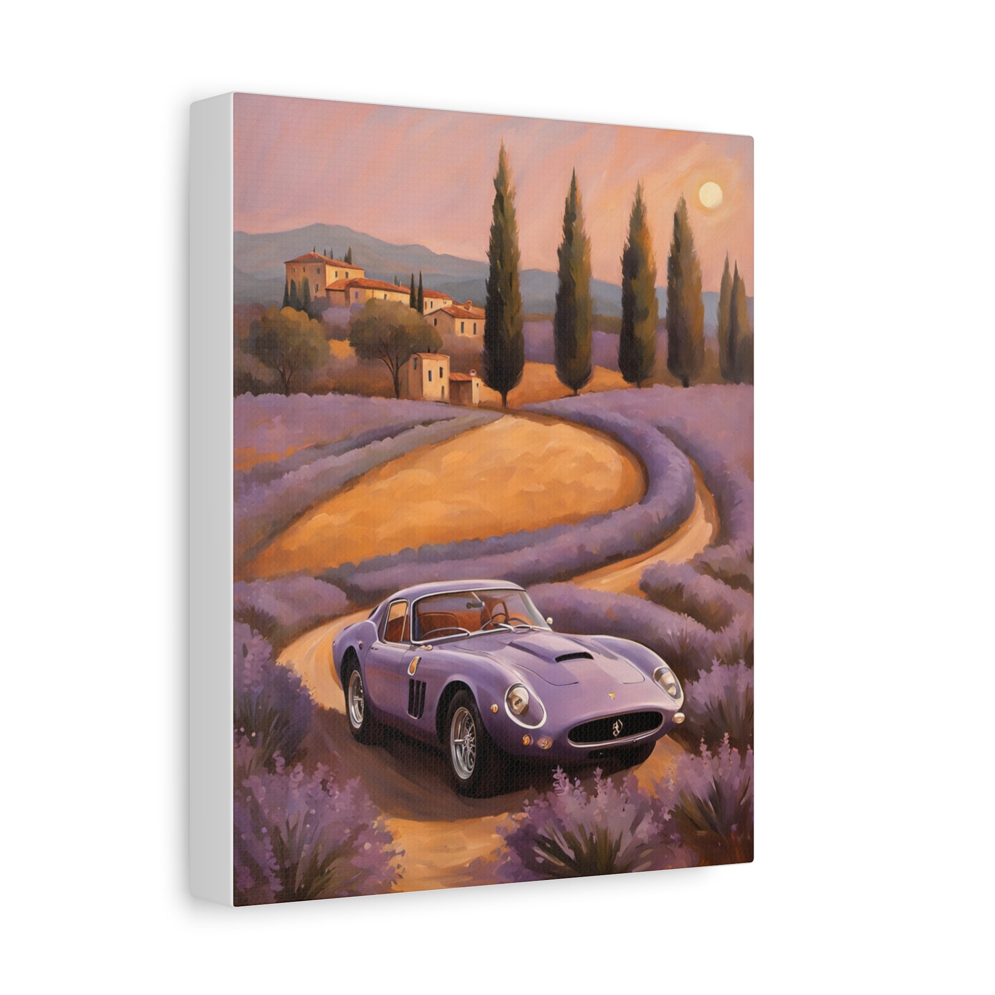 Vibrant Canvas Art Print featuring a classic purple sports car driving through a lavender field