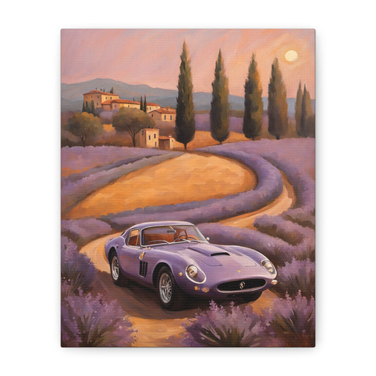 Vibrant Canvas Art Print featuring a purple vintage car on a lavender road in a sunset landscape