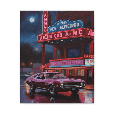 Vibrant Vintage Car Canvas featuring a classic car in front of a theater under the moonlight