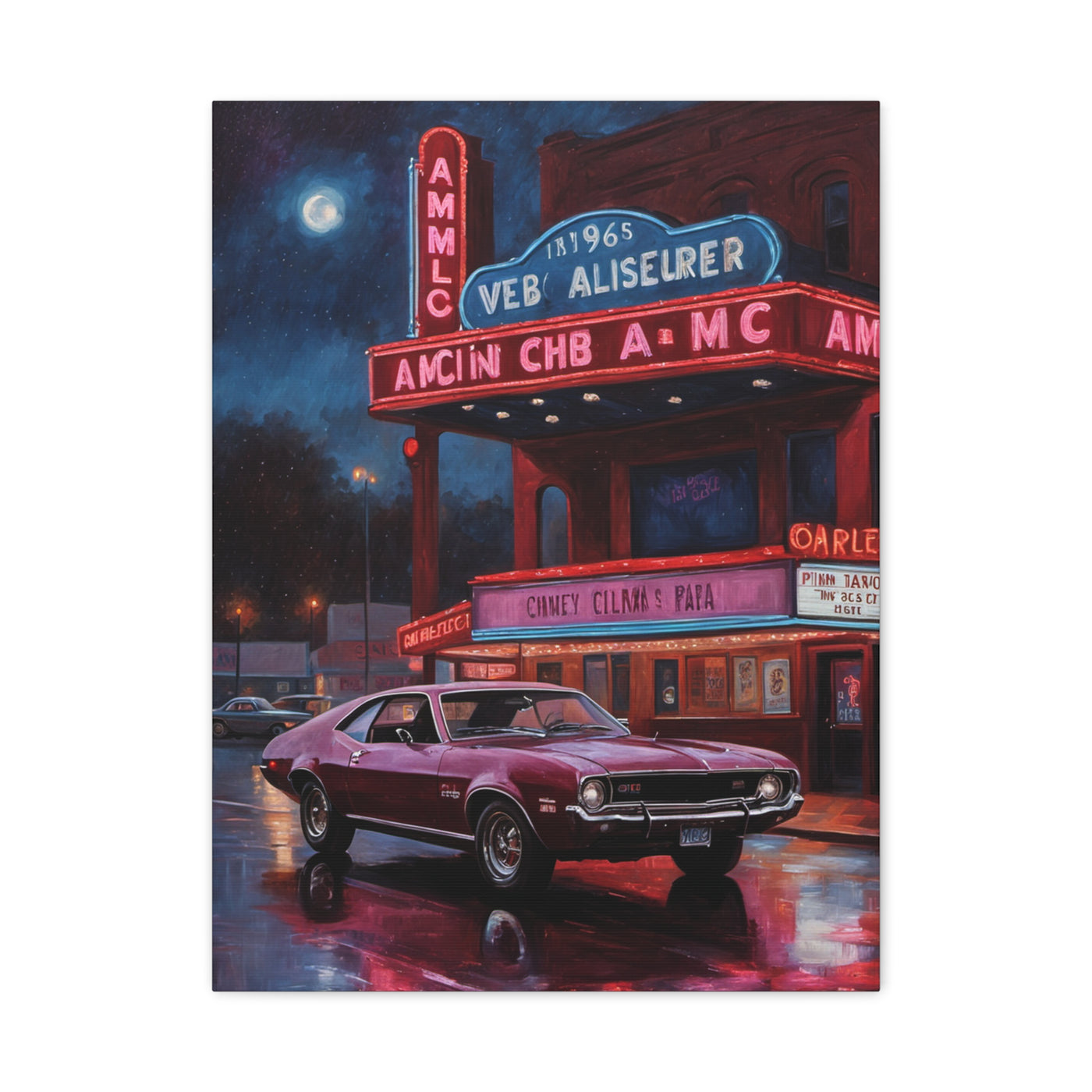 Vibrant Vintage Car Canvas featuring a classic car parked at a retro theater at night