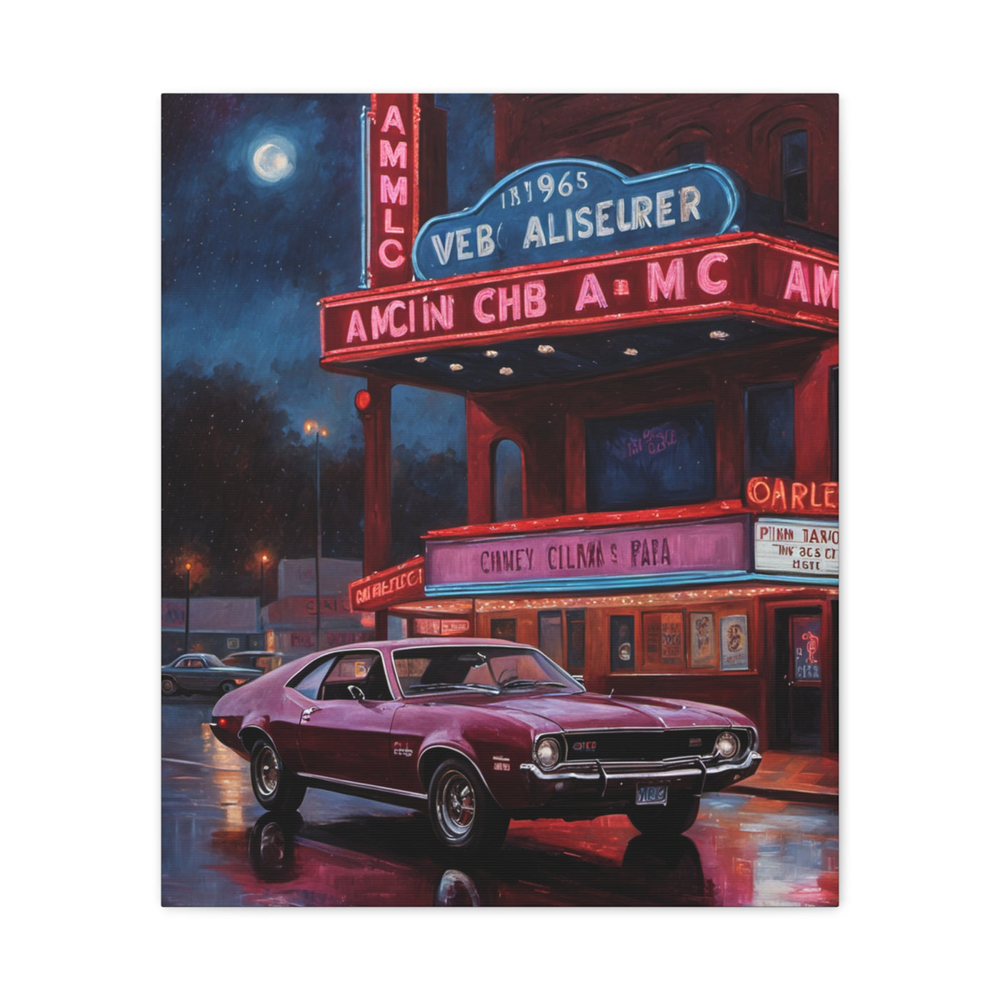 Vibrant Vintage Car Canvas featuring a classic car parked near a retro movie theater at night