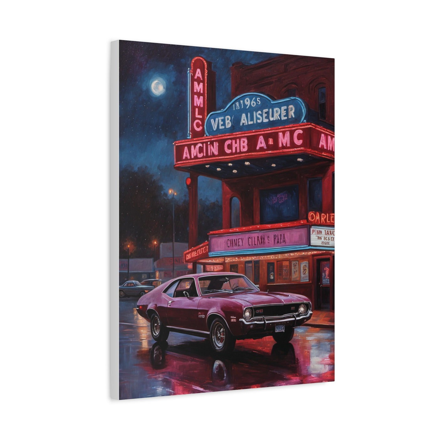 Vibrant Vintage Car Canvas featuring a classic car under neon lights at a retro theatre