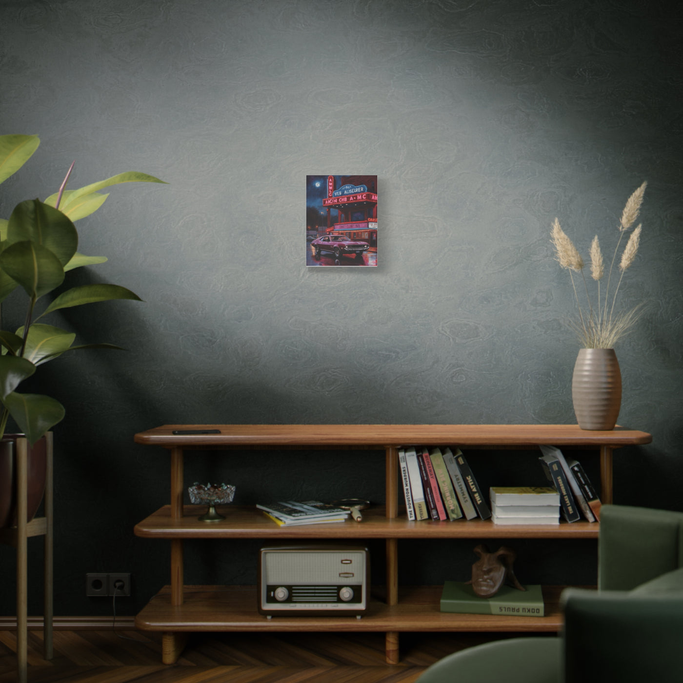 Vibrant Vintage Car Canvas showcased on a stylish shelf among decorative plants and books