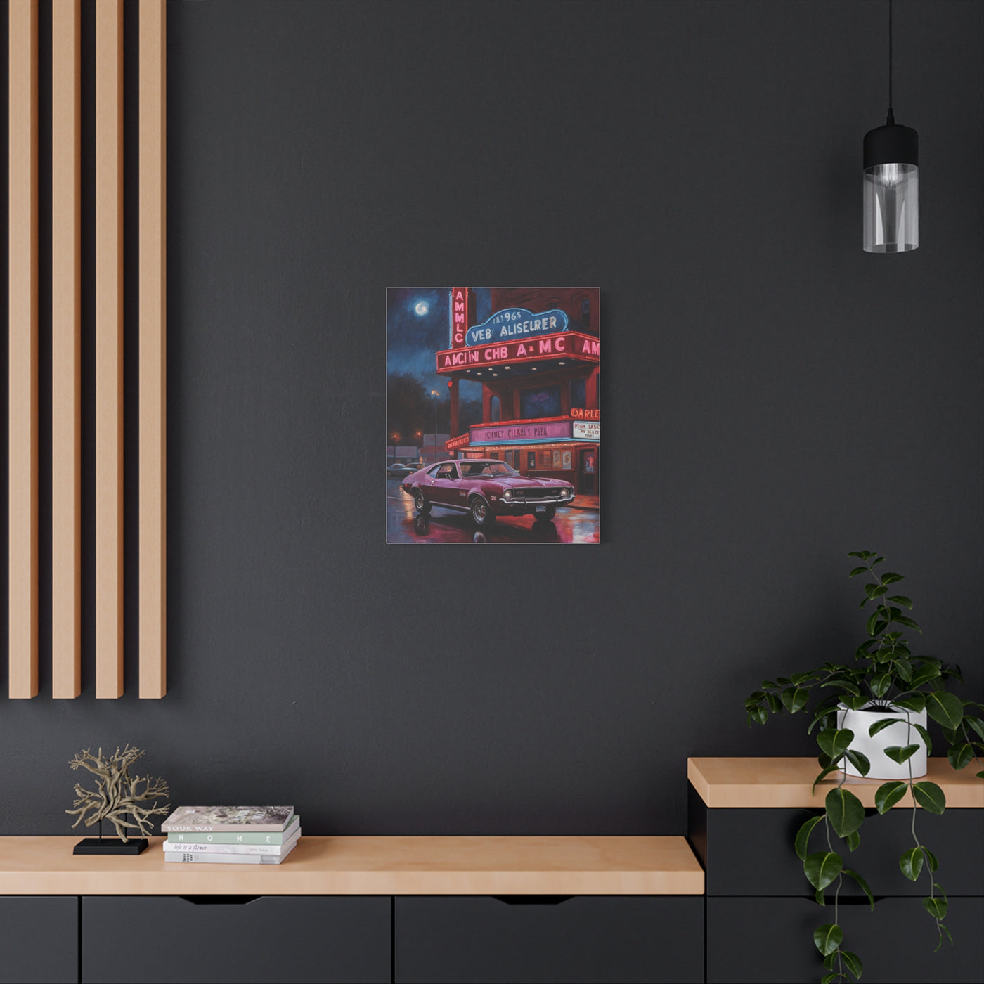 Vibrant Vintage Car Canvas artwork displayed on a modern black wall above stylish furniture