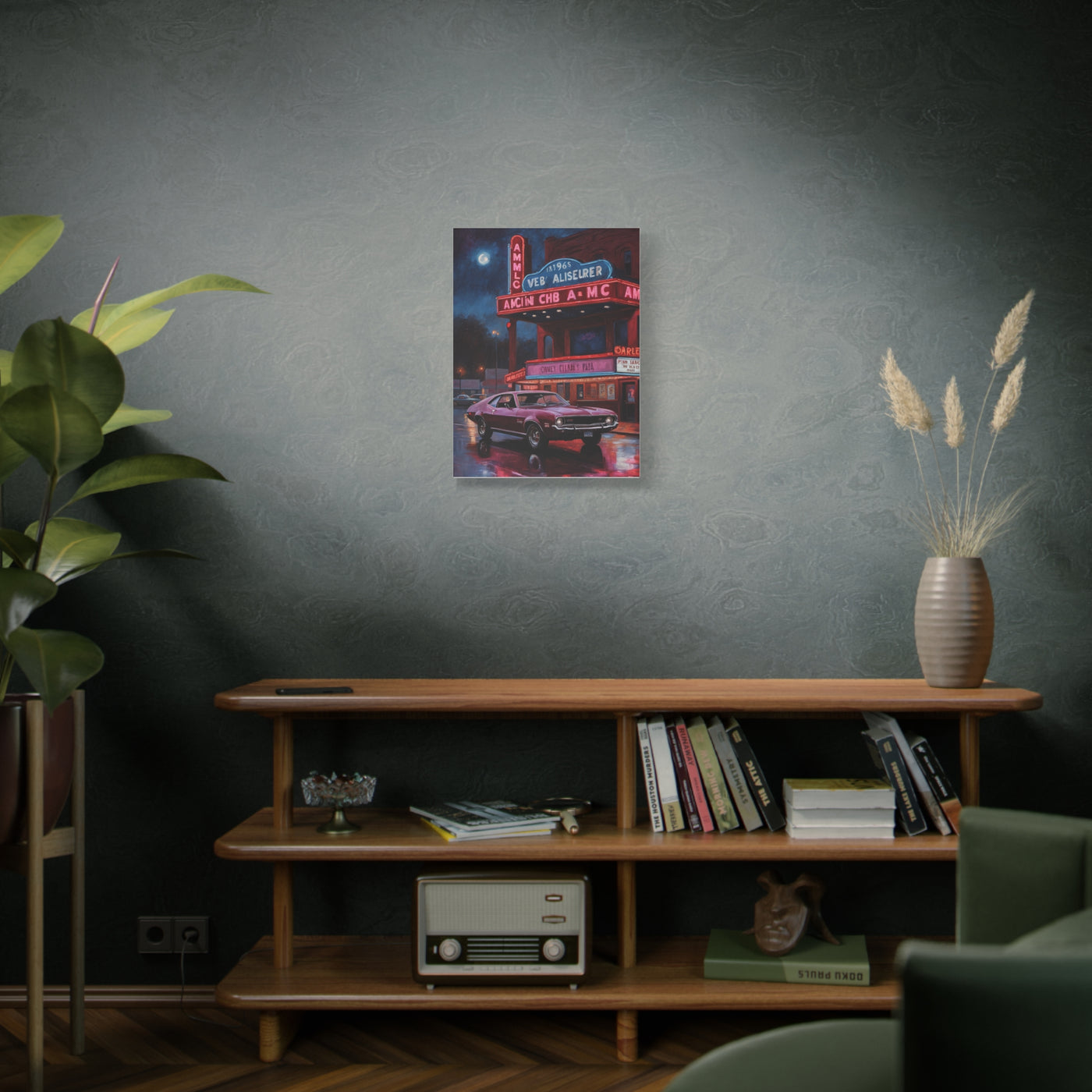 Vibrant Vintage Car Canvas artwork displayed on a stylish wall above a wooden shelf in a modern living room